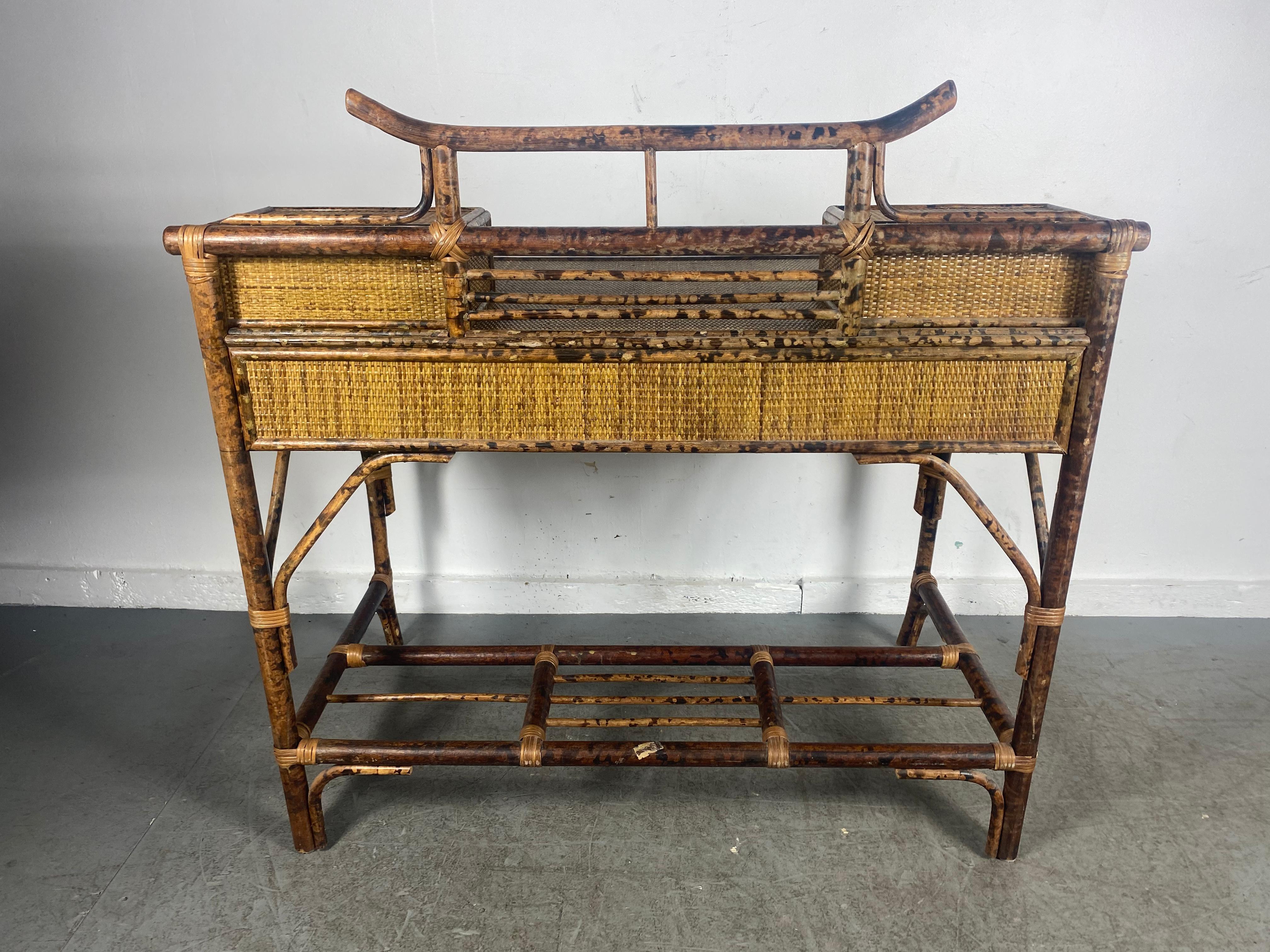 Late 20th Century Bamboo and Rattan Pagoda Style Writing Desk, , for Bloomingdales