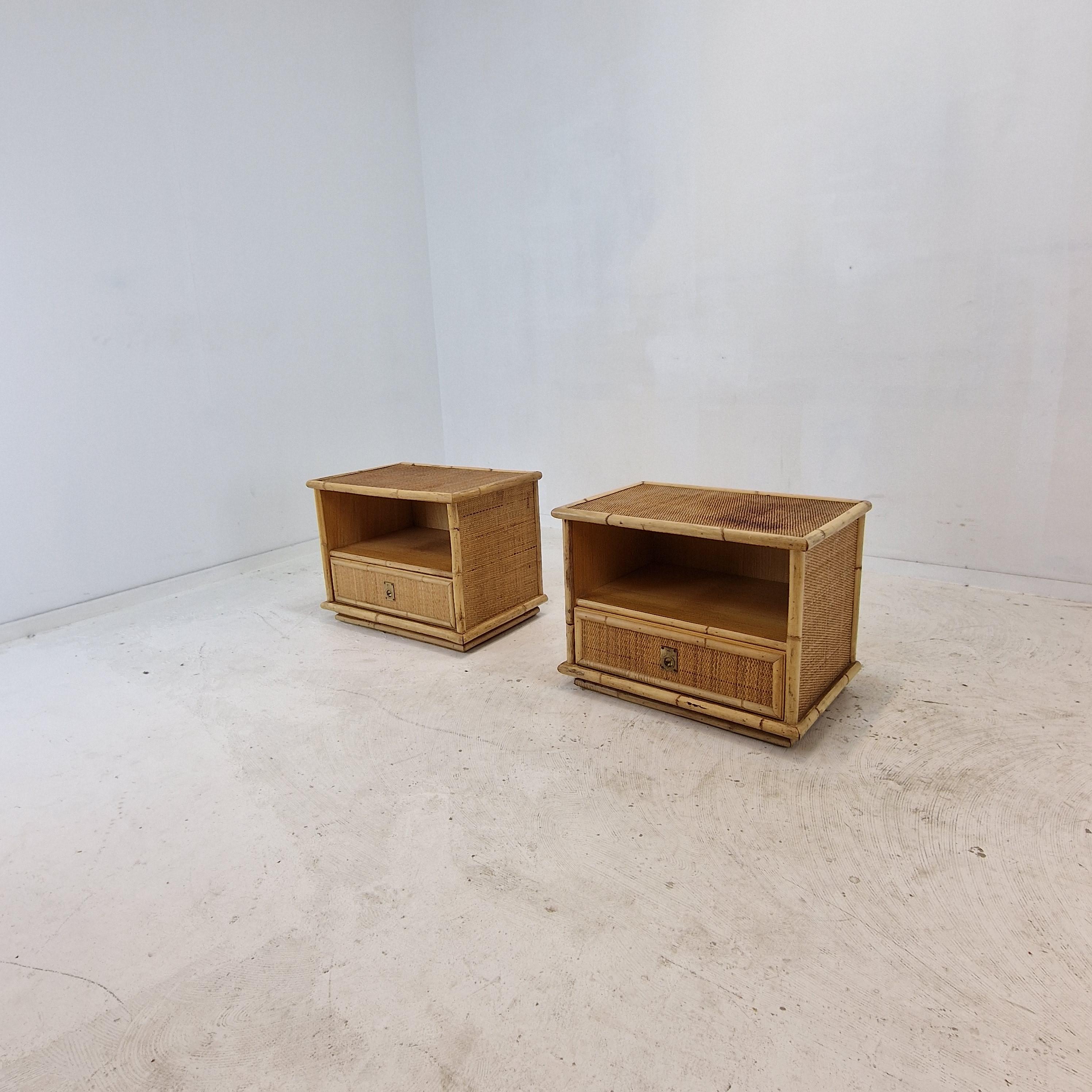 Mid-Century Modern Bamboo and Rattan Pair of Bedside Tables Nightstands by Dal Vera, Italy 1970s For Sale