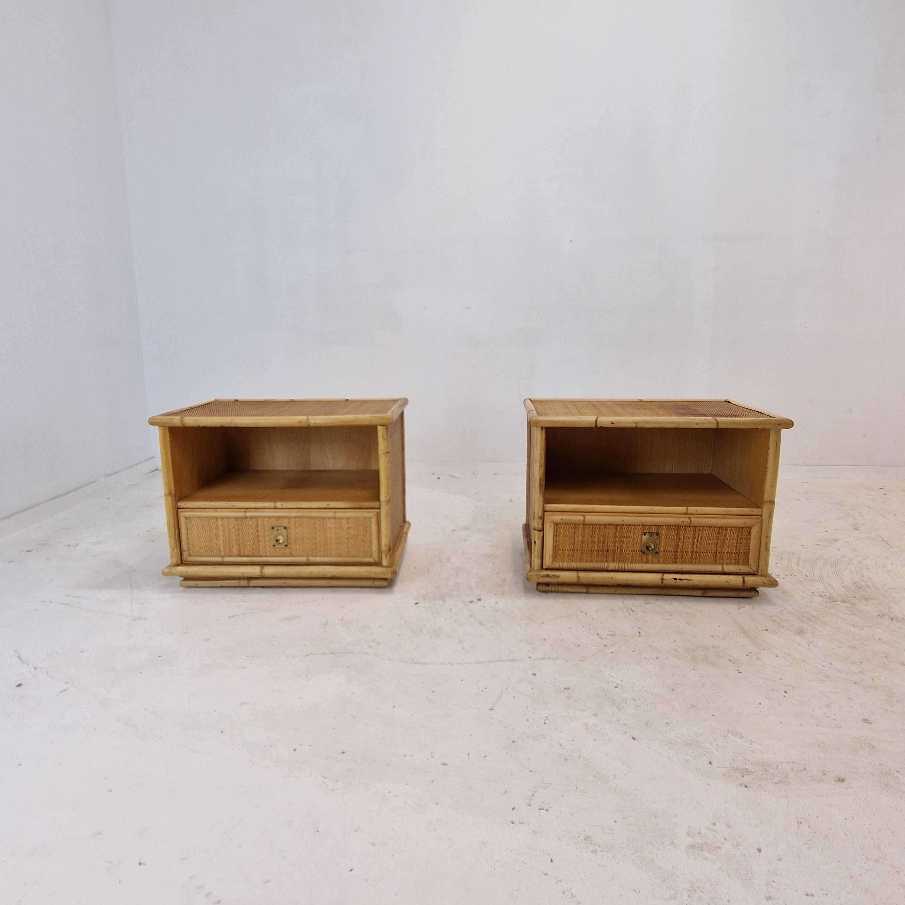 Italian Bamboo and Rattan Pair of Bedside Tables Nightstands by Dal Vera, Italy 1970s For Sale