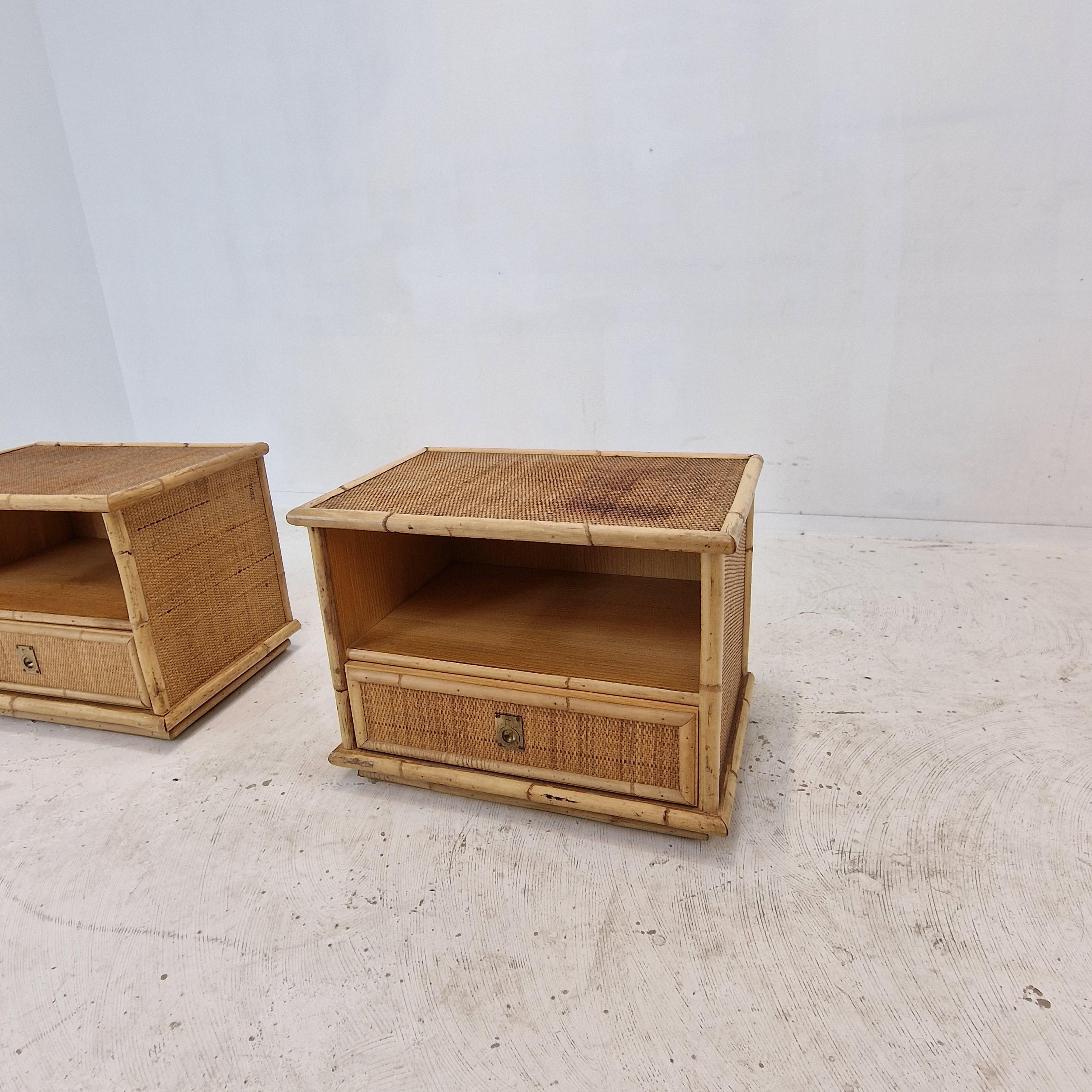 Late 20th Century Bamboo and Rattan Pair of Bedside Tables Nightstands by Dal Vera, Italy 1970s For Sale