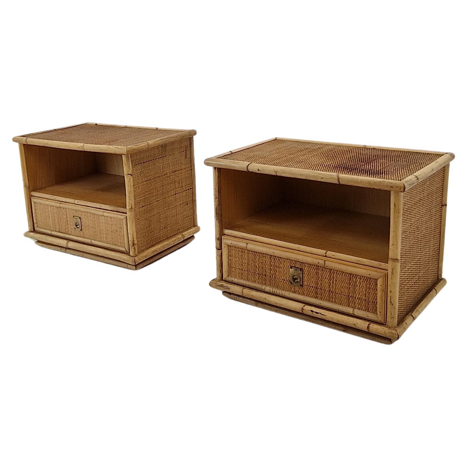 Bamboo and Rattan Pair of Bedside Tables Nightstands by Dal Vera, Italy 1970s