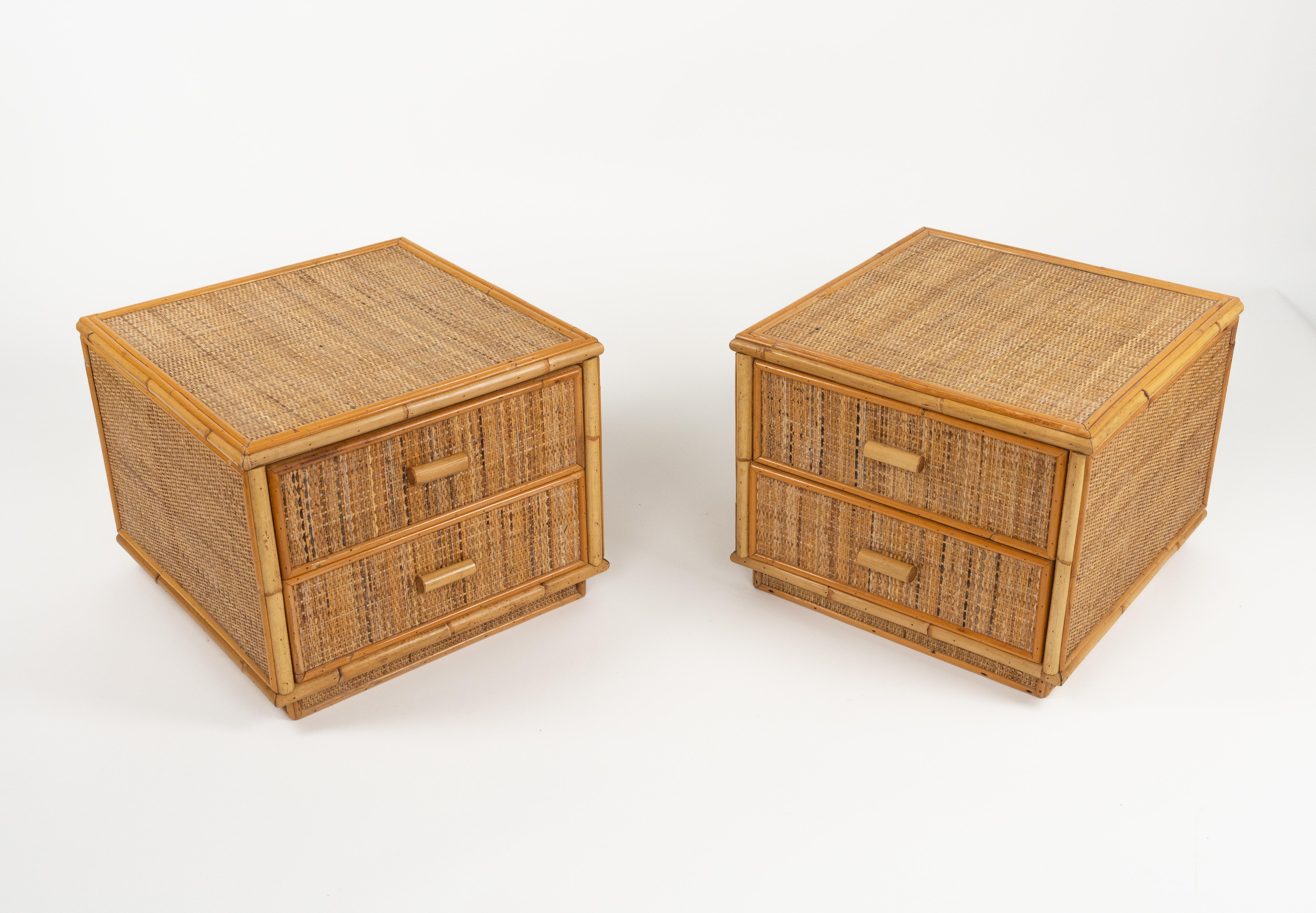 Italian Bamboo and Rattan Pair of Bedside Tables Nightstands Dal Vera Style, Italy 1970s For Sale