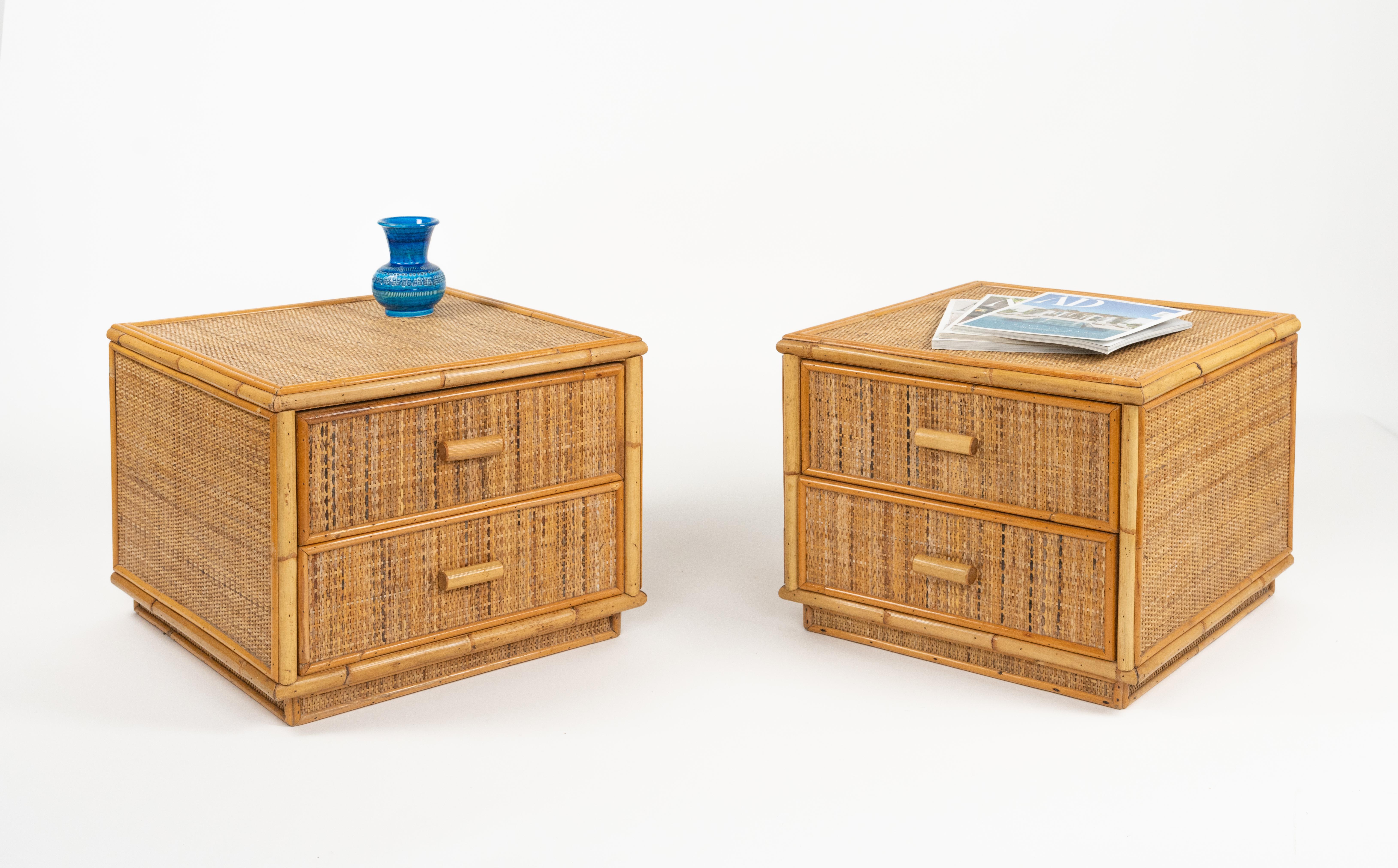 Late 20th Century Bamboo and Rattan Pair of Bedside Tables Nightstands Dal Vera Style, Italy 1970s For Sale