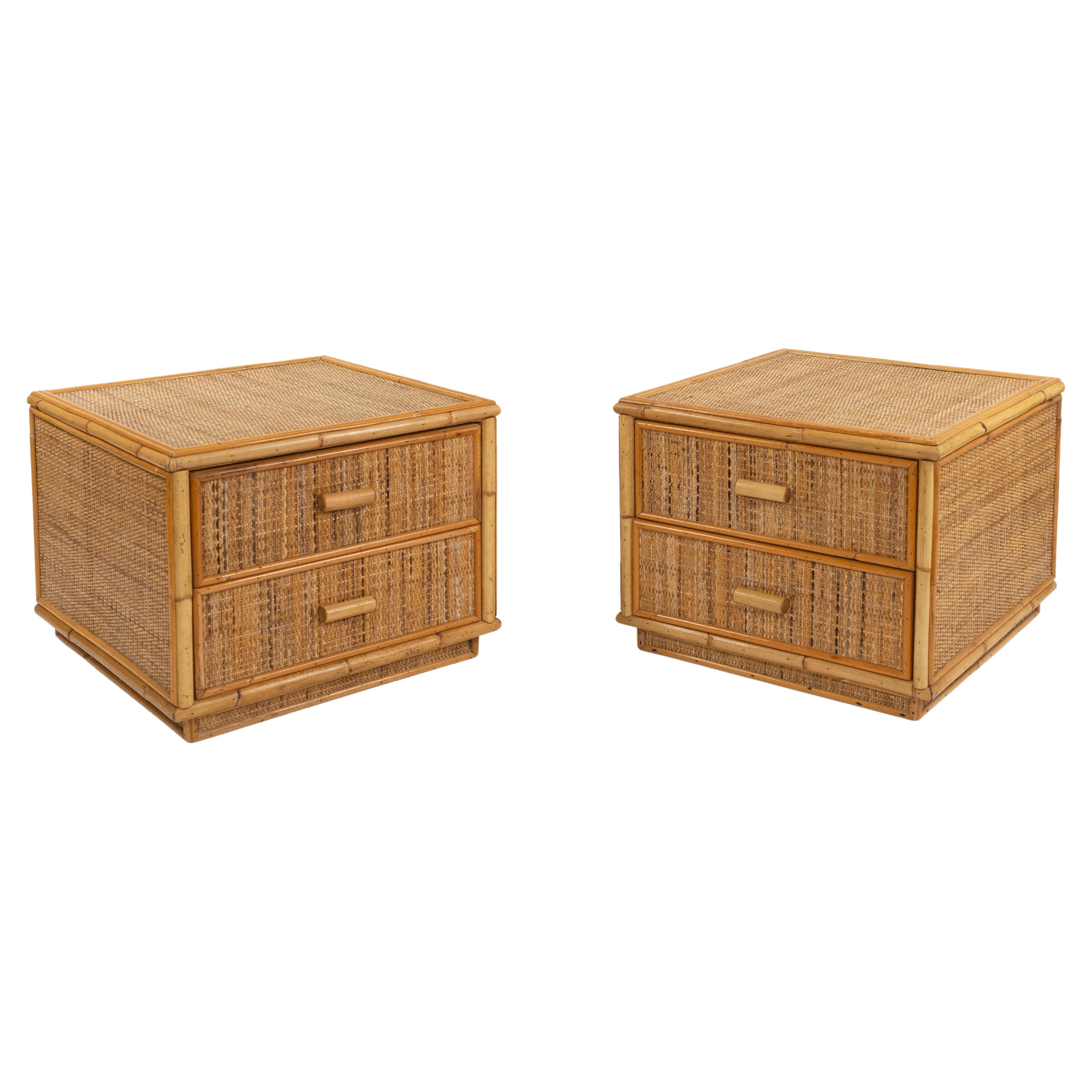 Bamboo and Rattan Pair of Bedside Tables Nightstands Dal Vera Style, Italy 1970s For Sale