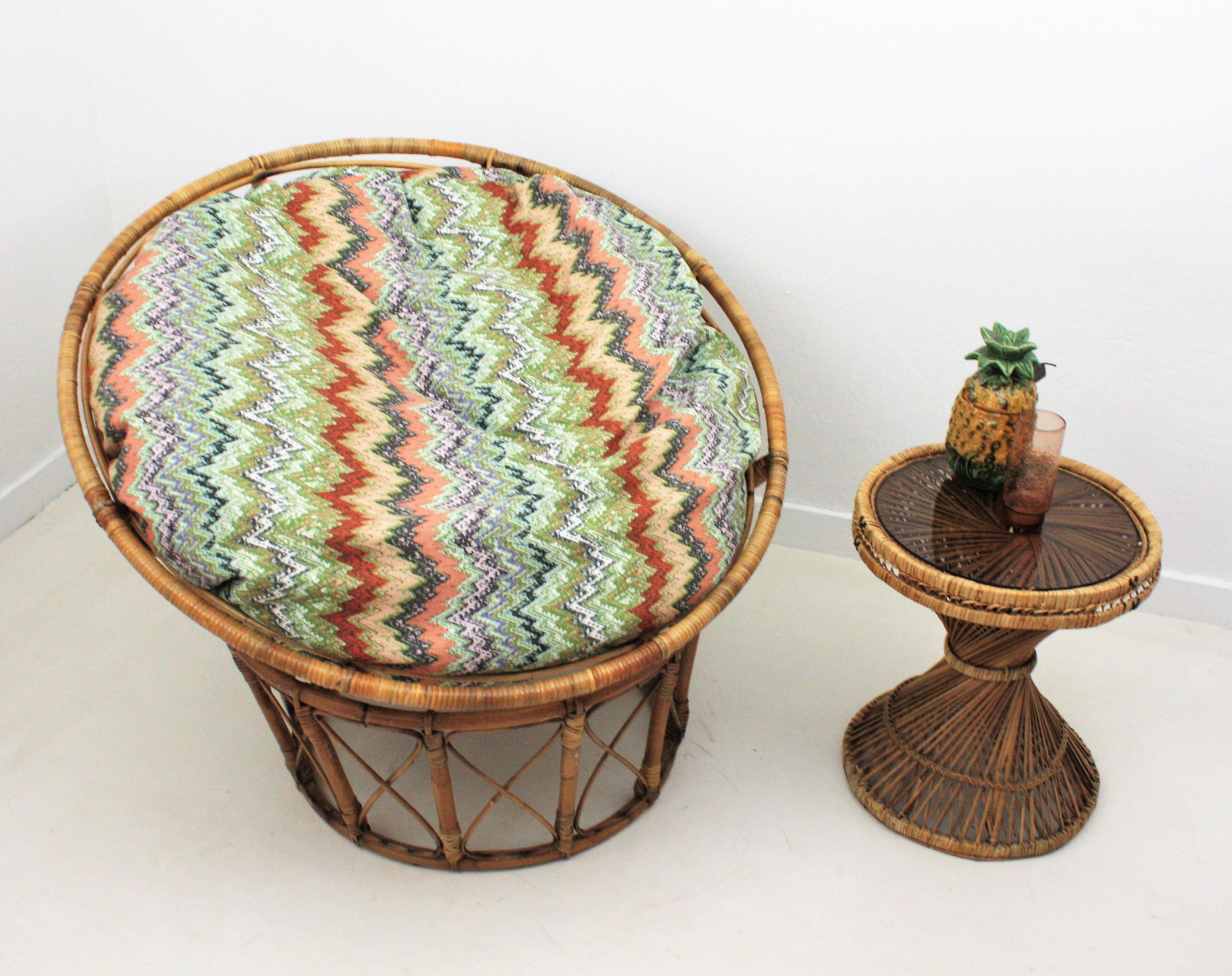 Bamboo and Rattan Papasan Lounge Chair with Missoni Style Cushion For Sale 1