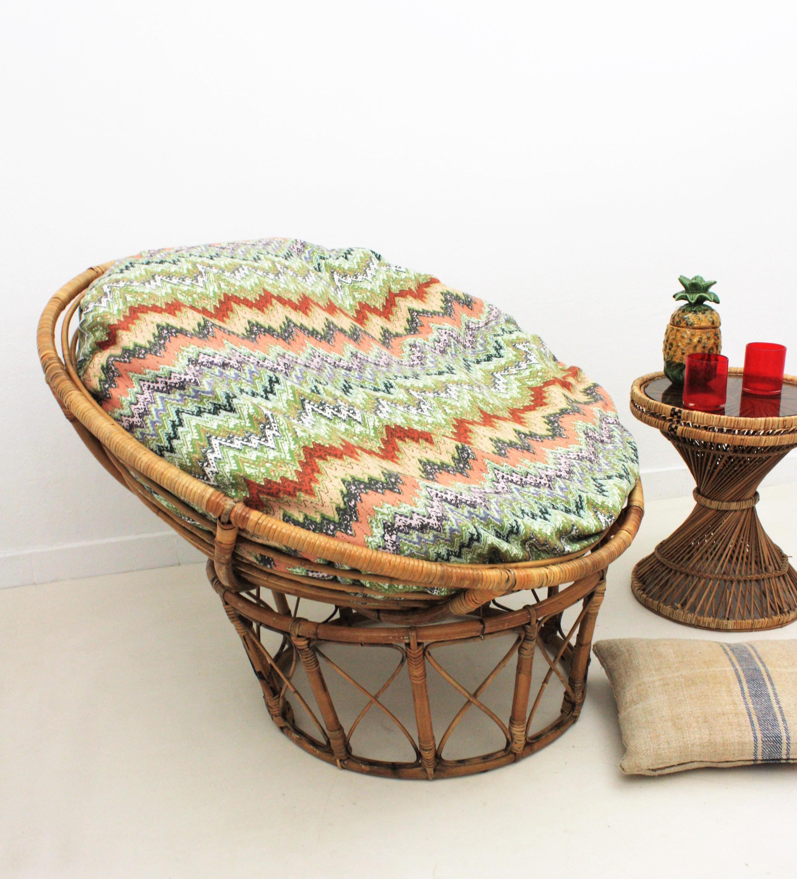 Mid-Century Modern Bamboo and Rattan Papasan Lounge Chair with Missoni Style Cushion For Sale