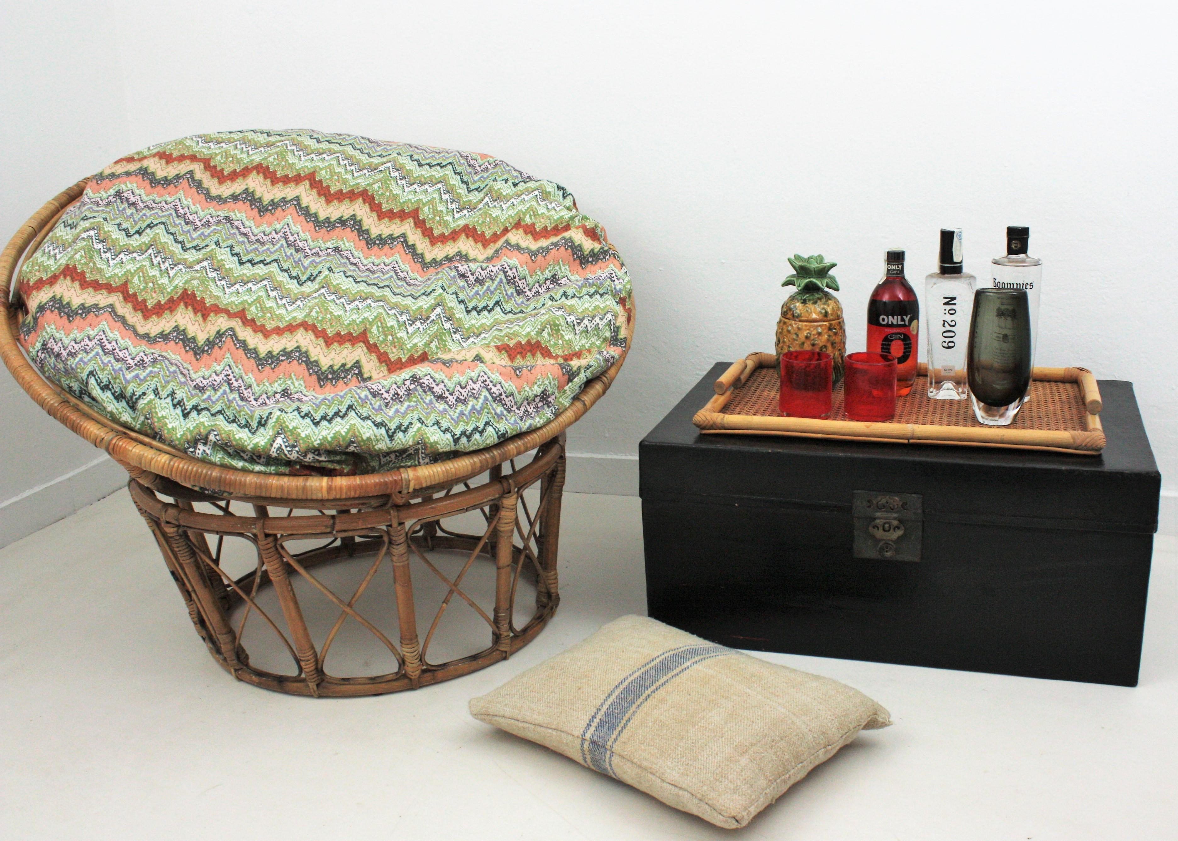 Philippine Bamboo and Rattan Papasan Lounge Chair with Missoni Style Cushion For Sale