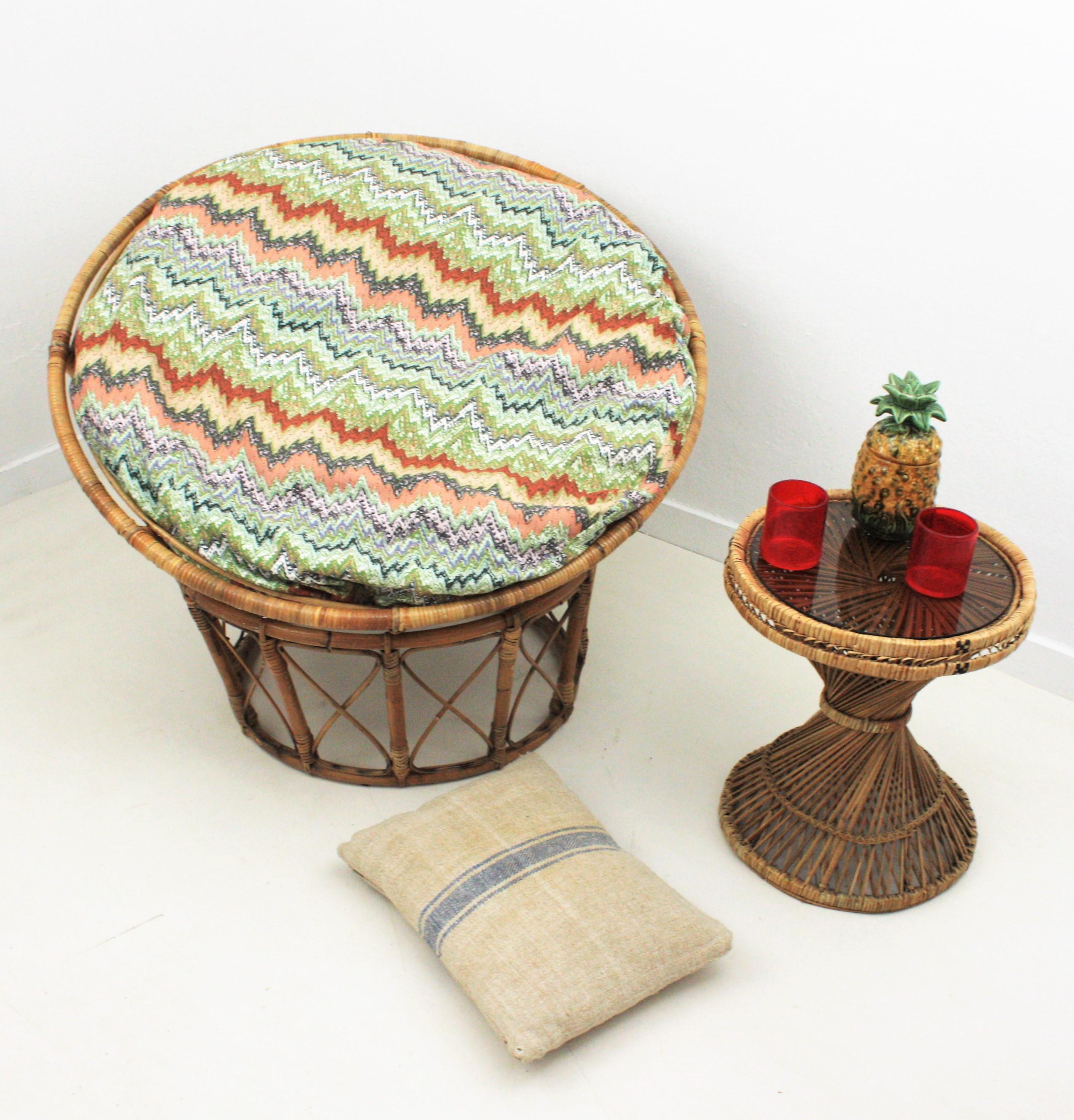 Bamboo and Rattan Papasan Lounge Chair with Missoni Style Cushion In Good Condition For Sale In Barcelona, ES