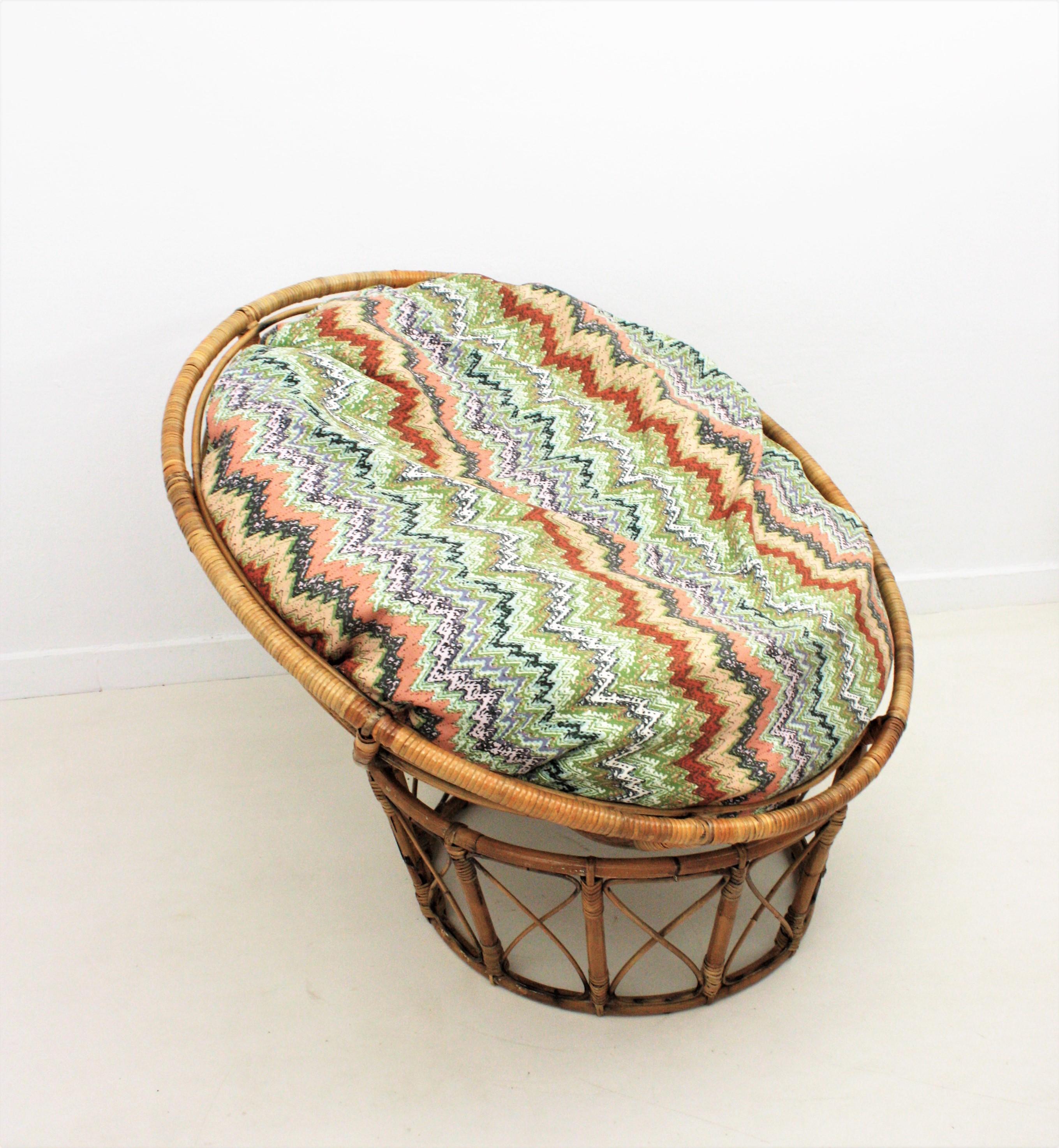 20th Century Bamboo and Rattan Papasan Lounge Chair with Missoni Style Cushion For Sale