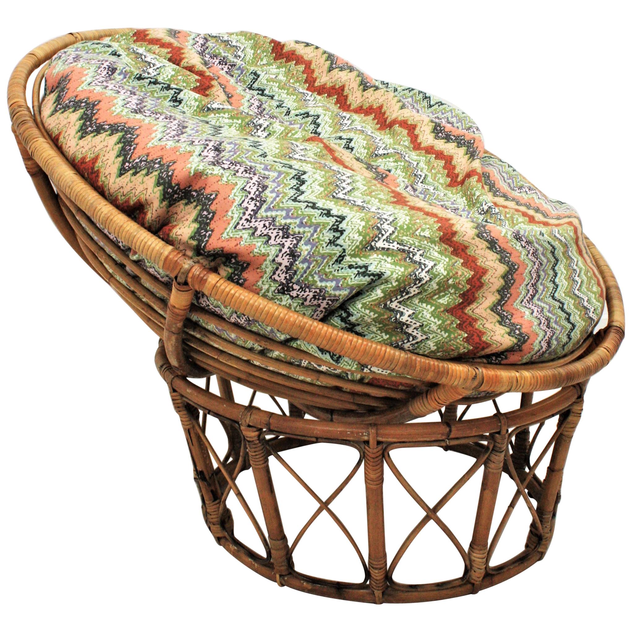 Bamboo and Rattan Papasan Lounge Chair with Missoni Style Cushion