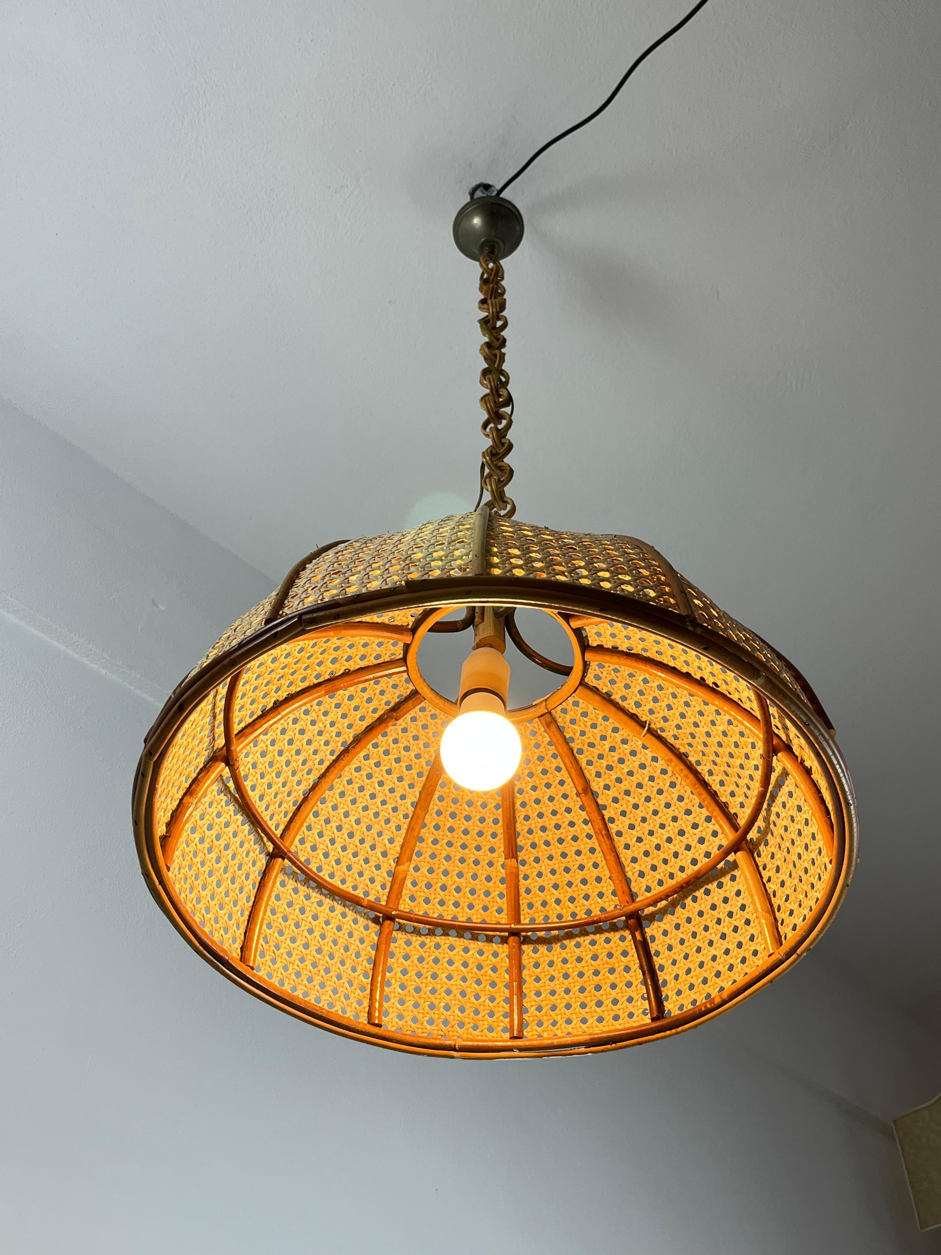 Late 20th Century Bamboo and Rattan Pendant Lamp, Italy, 1970s For Sale
