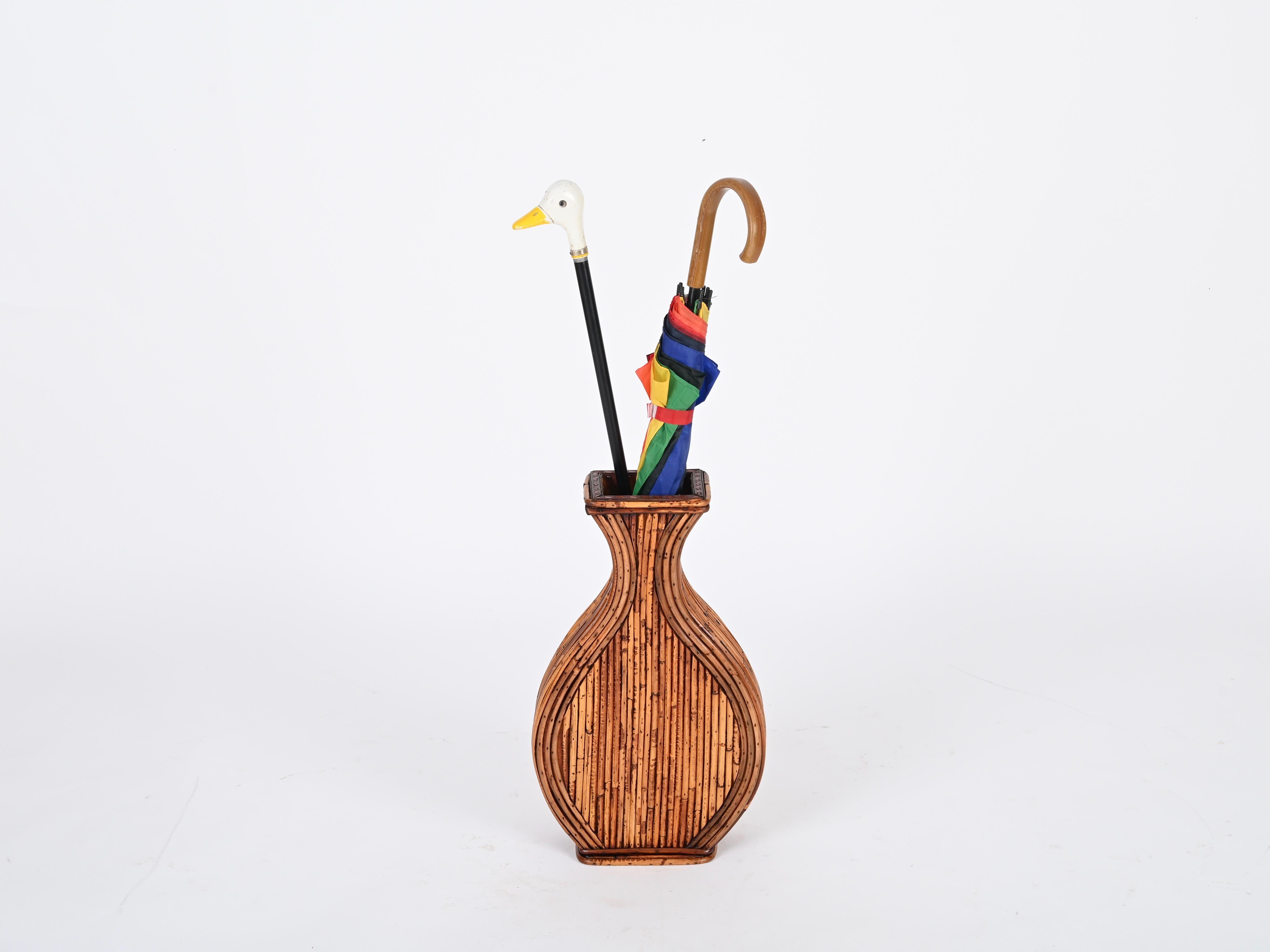 20ième siècle Jardinière ou Stand Umbrella en bambou et rotin, Vivai del Sud, Italie, années 1970 en vente