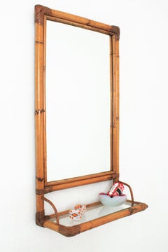 Bamboo Rattan Rectangular Mirror with Glass Shelf, Spain, 1960s
