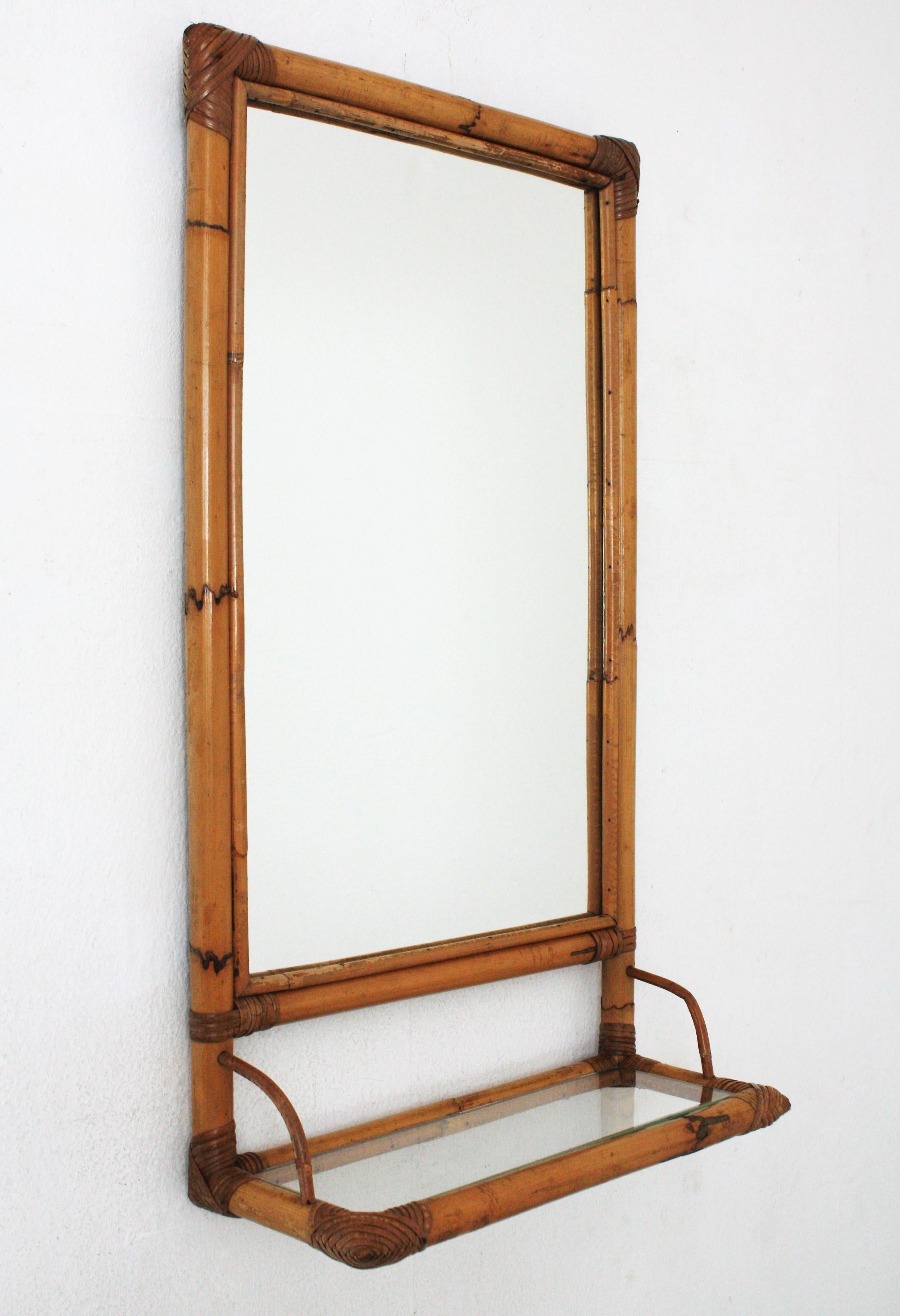 Spanish Bamboo Rattan Rectangular Mirror with Glass Shelf, Spain, 1960s