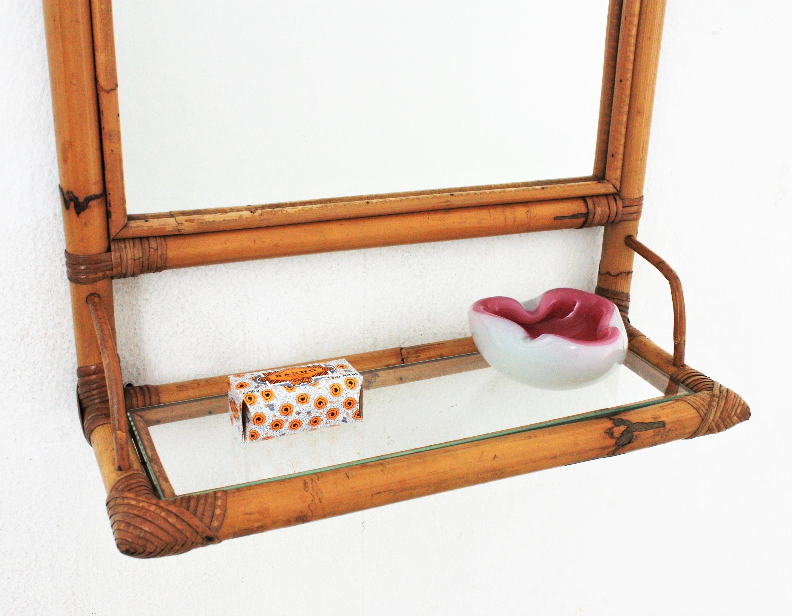 Bamboo Rattan Rectangular Mirror with Glass Shelf, Spain, 1960s In Good Condition In Barcelona, ES