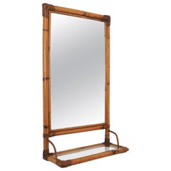 Bamboo Rattan Rectangular Mirror with Glass Shelf, Spain, 1960s