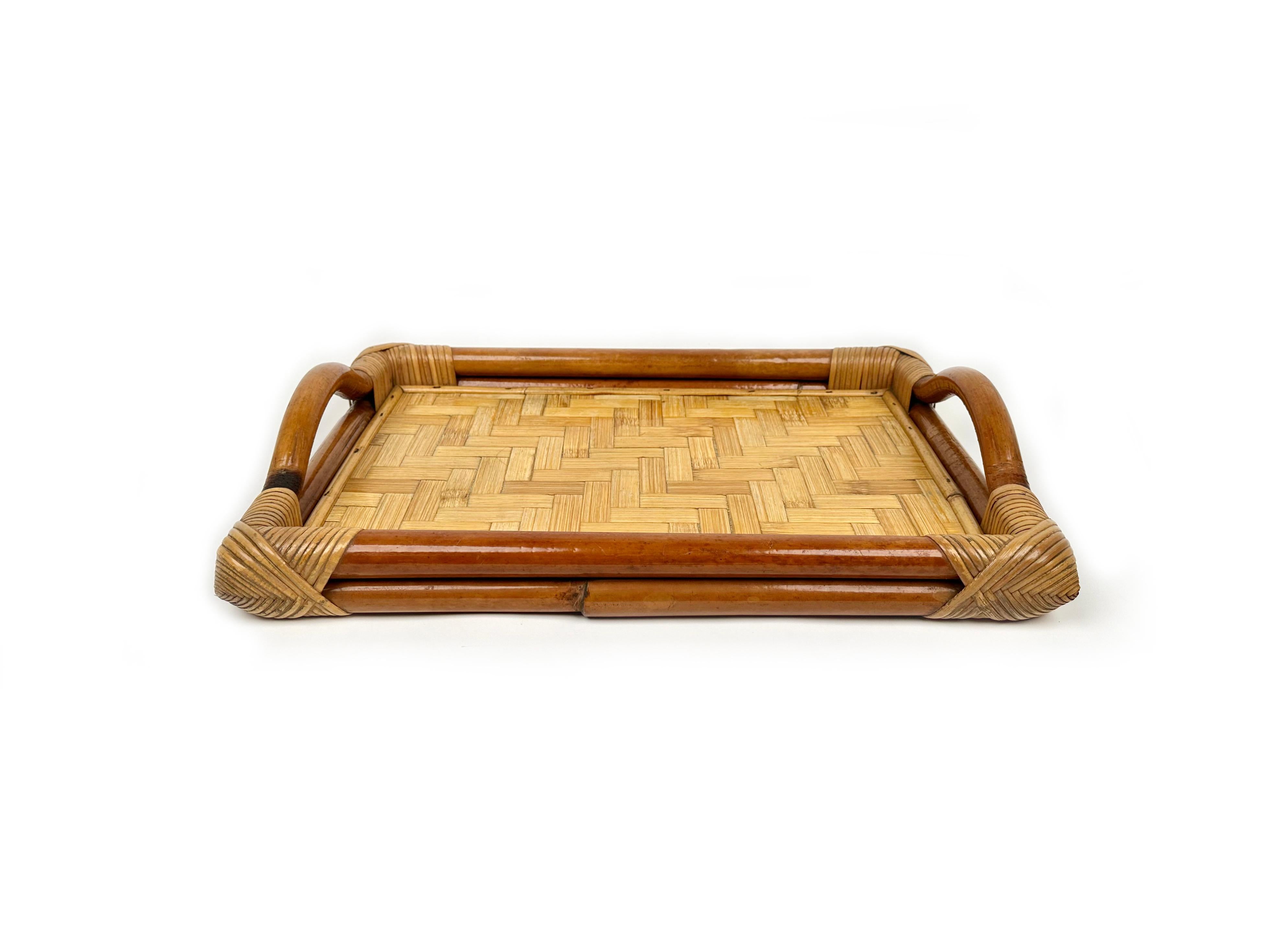 Mid-Century Modern Bamboo and Rattan Rectangular Serving Tray, Italy 1970s