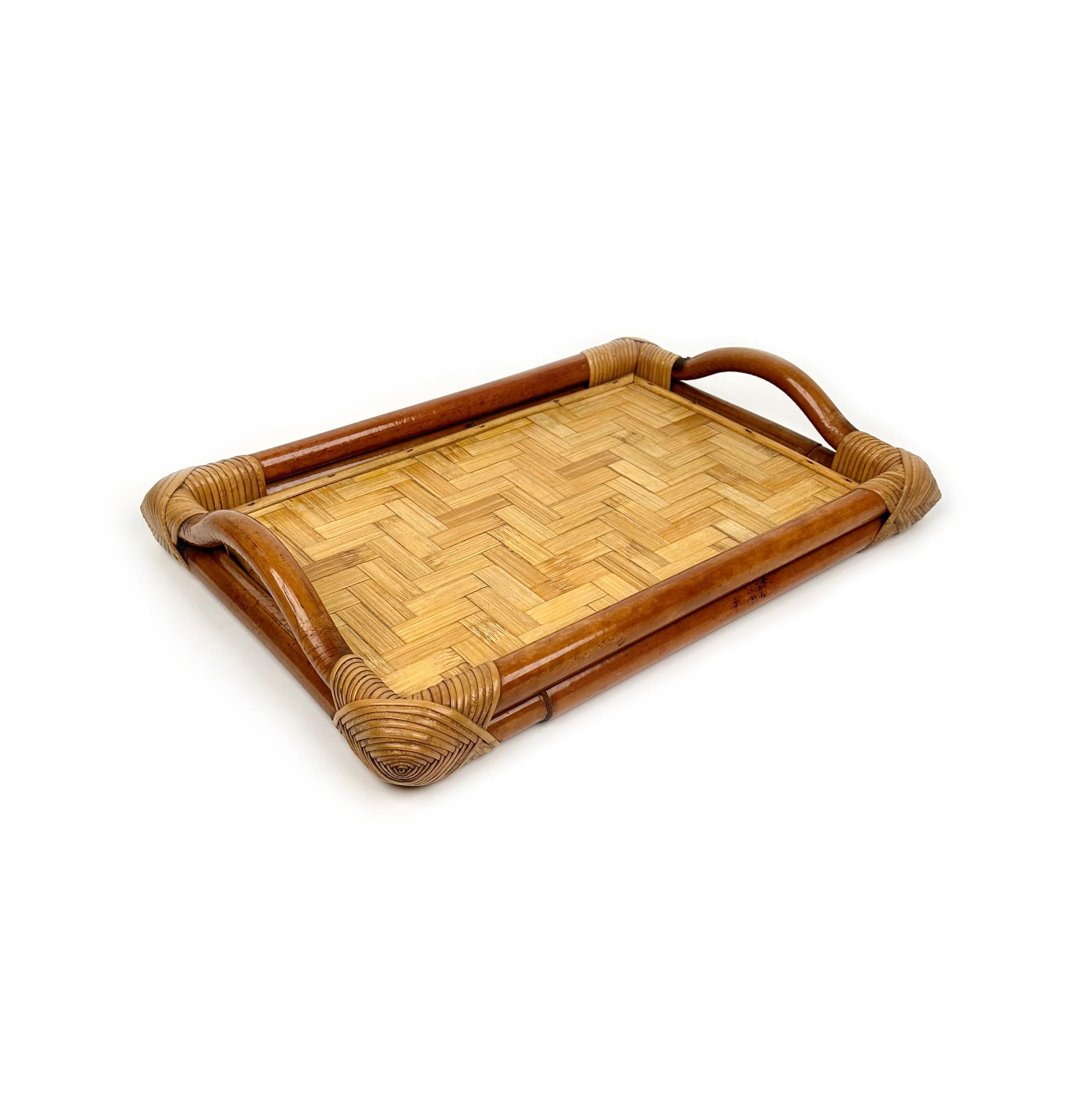 Late 20th Century Bamboo and Rattan Rectangular Serving Tray, Italy 1970s