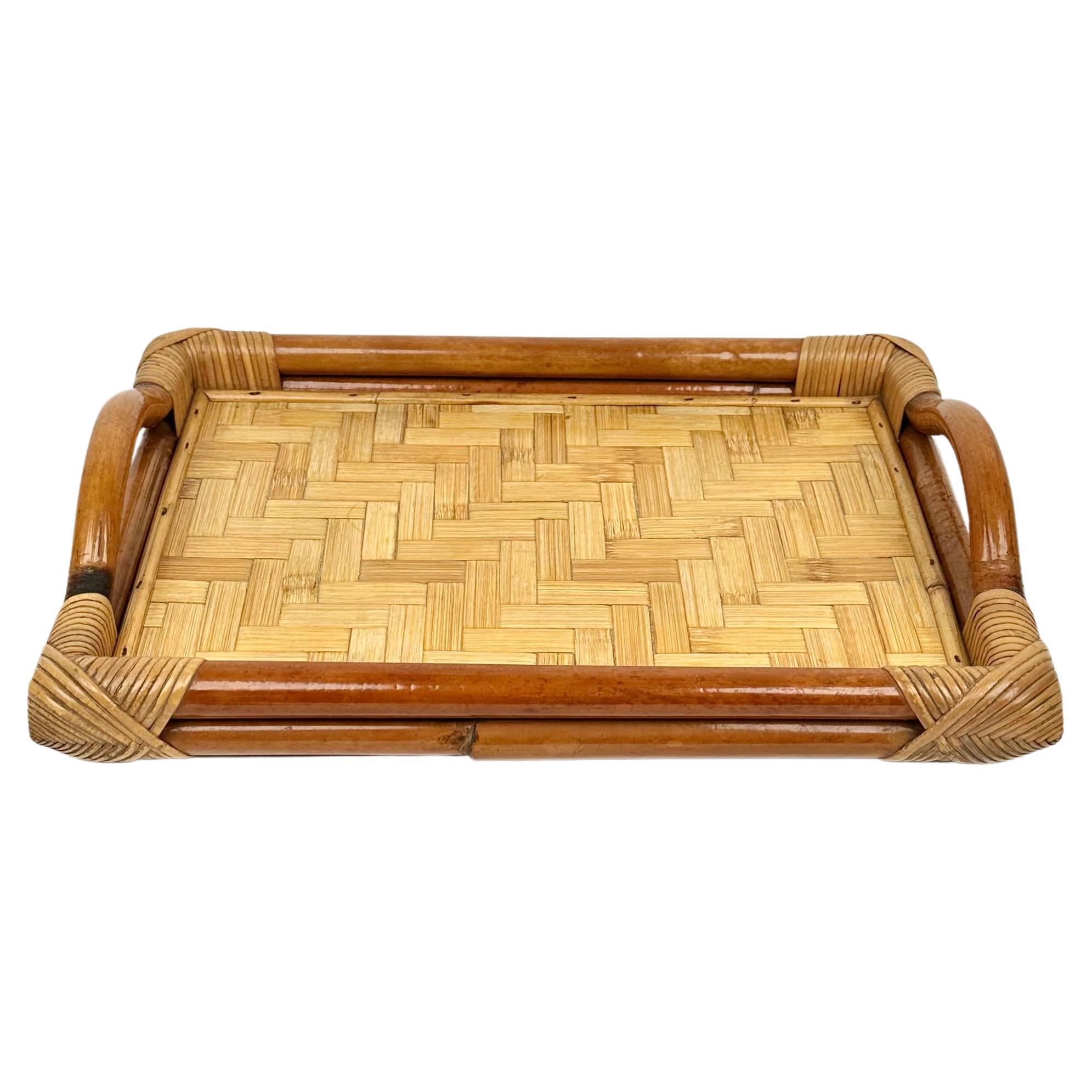 Bamboo and Rattan Rectangular Serving Tray, Italy 1970s