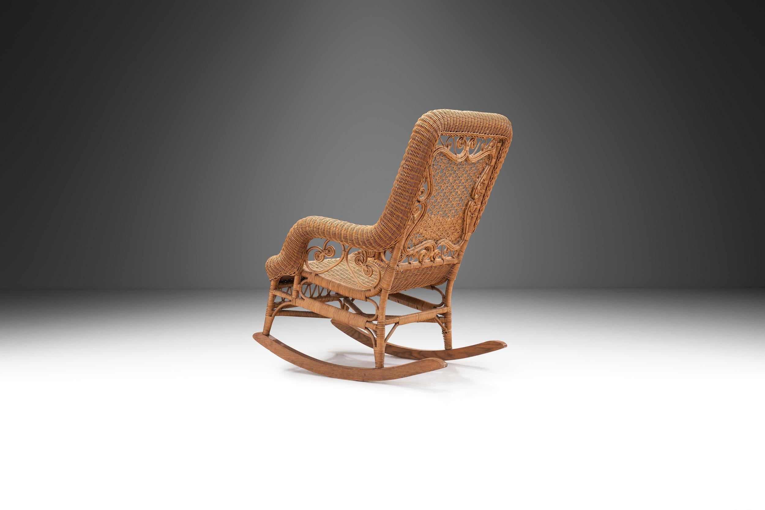 Mid-Century Modern Bamboo and Rattan Rocking Chair, Europe First Half of the 20th Century