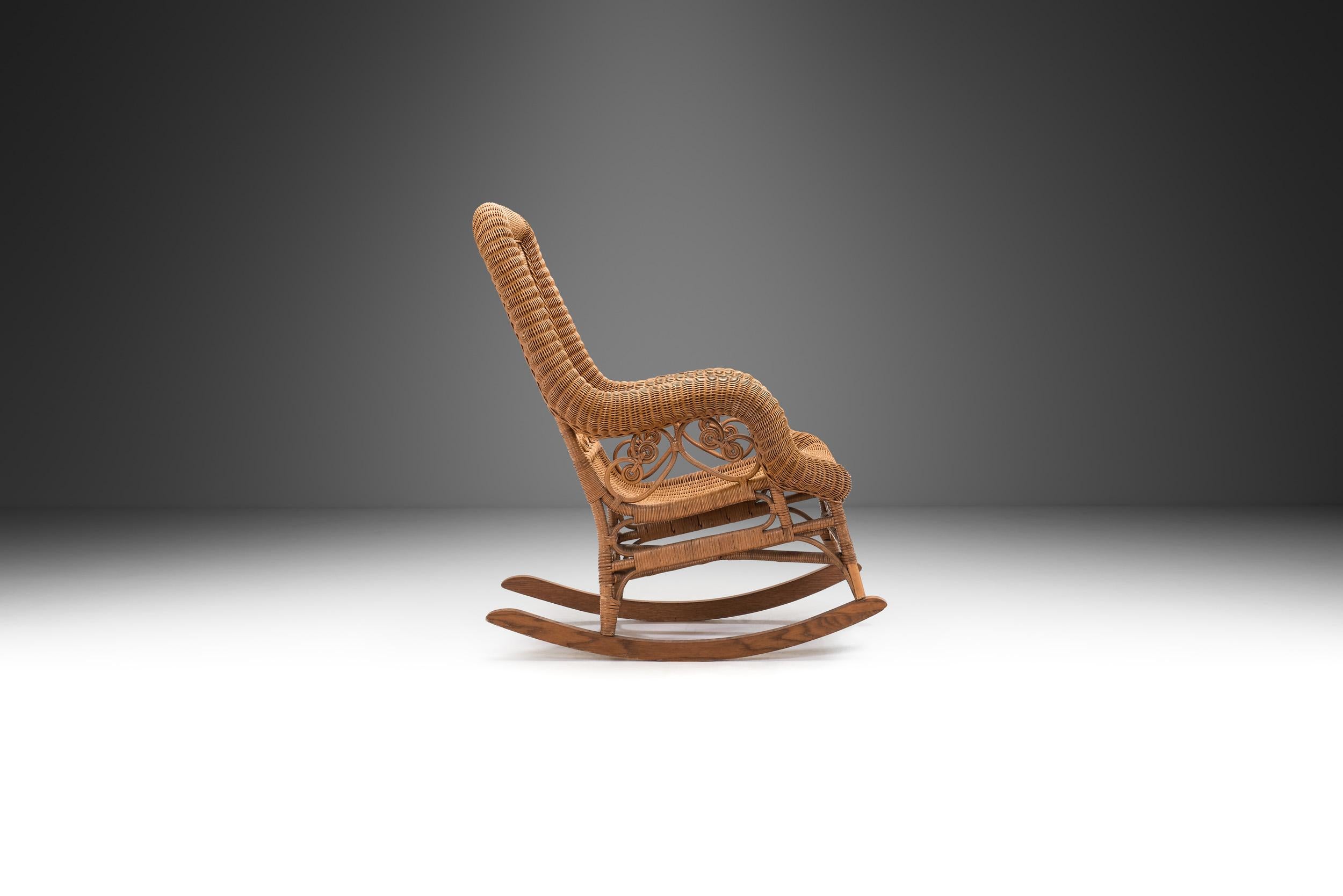 Woven Bamboo and Rattan Rocking Chair, Europe First Half of the 20th Century