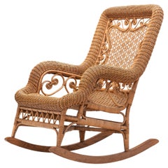 Antique Bamboo and Rattan Rocking Chair, Europe First Half of the 20th Century
