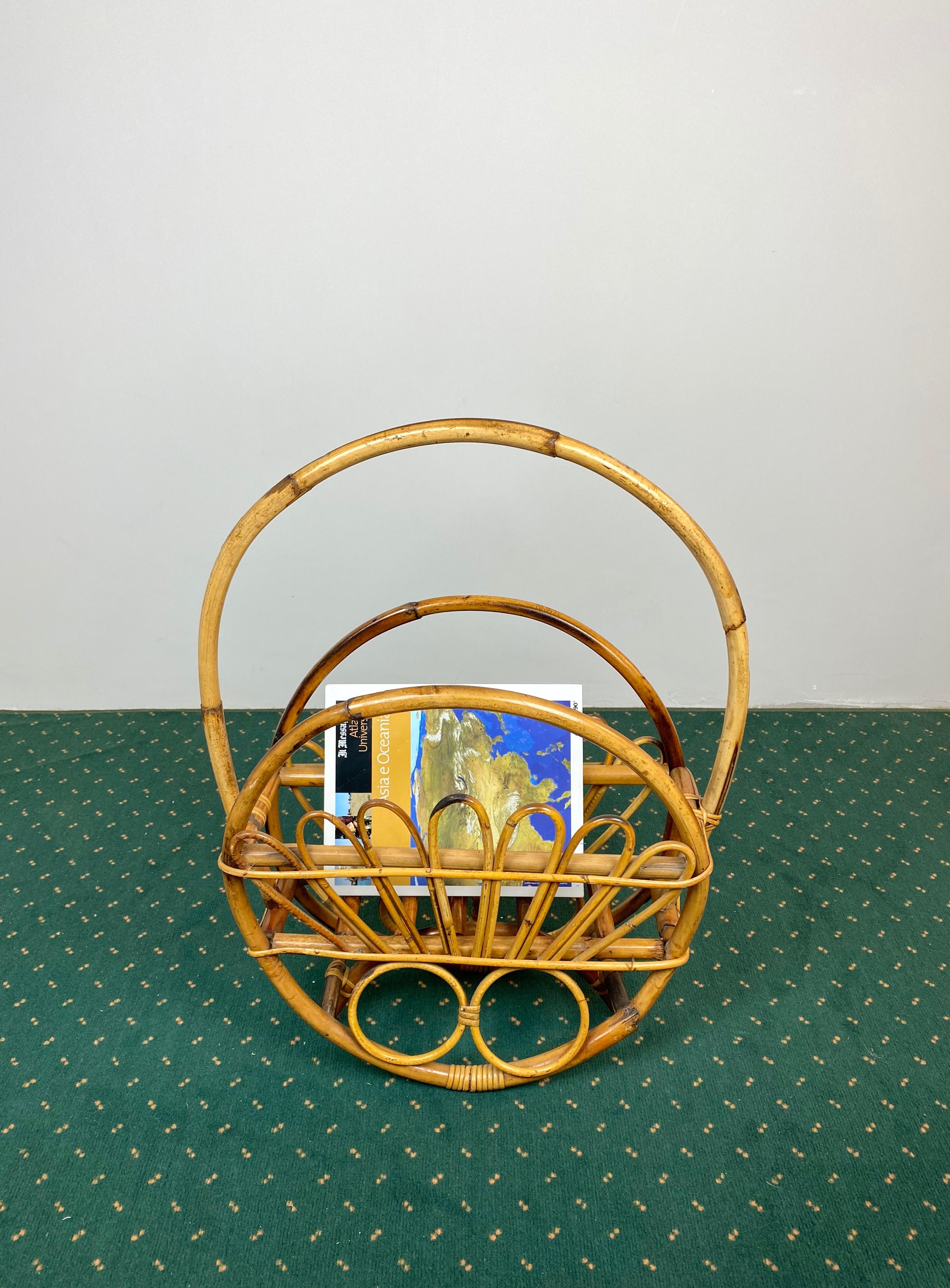 Italian Bamboo and Rattan Round Magazine Rack Stand, Italy, 1960s For Sale