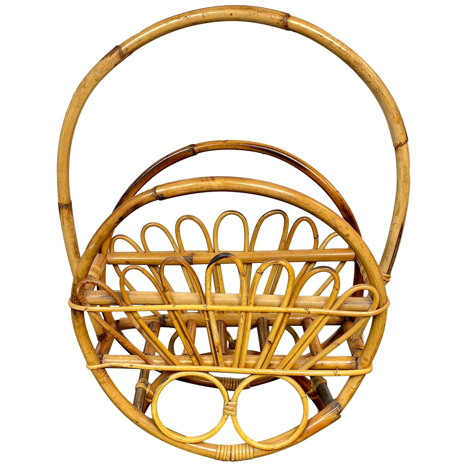 Bamboo and Rattan Round Magazine Rack Stand, Italy, 1960s