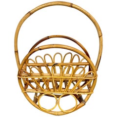 Vintage Bamboo and Rattan Round Magazine Rack Stand, Italy, 1960s