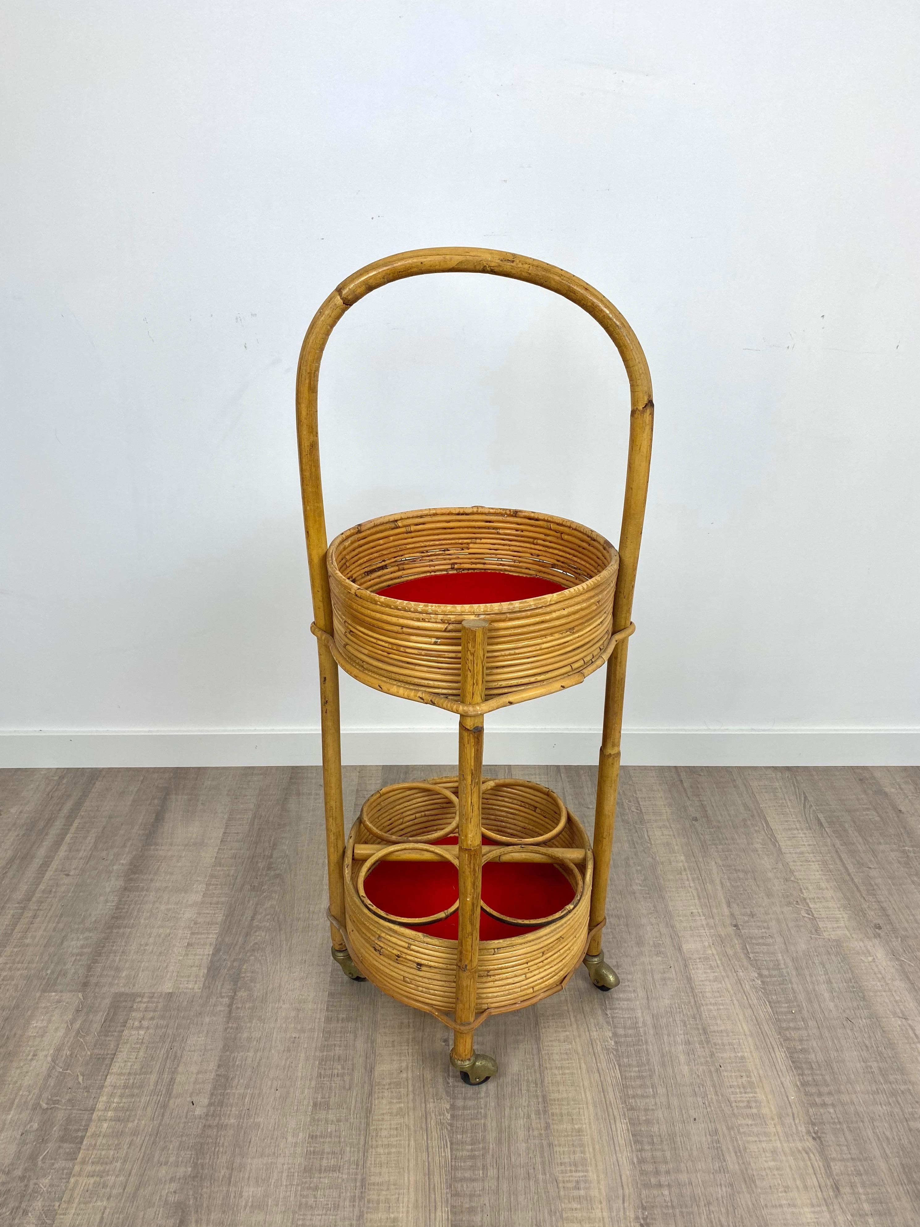 Bamboo and Rattan Round Service Side Bar Cart, Italy, 1960s For Sale 2