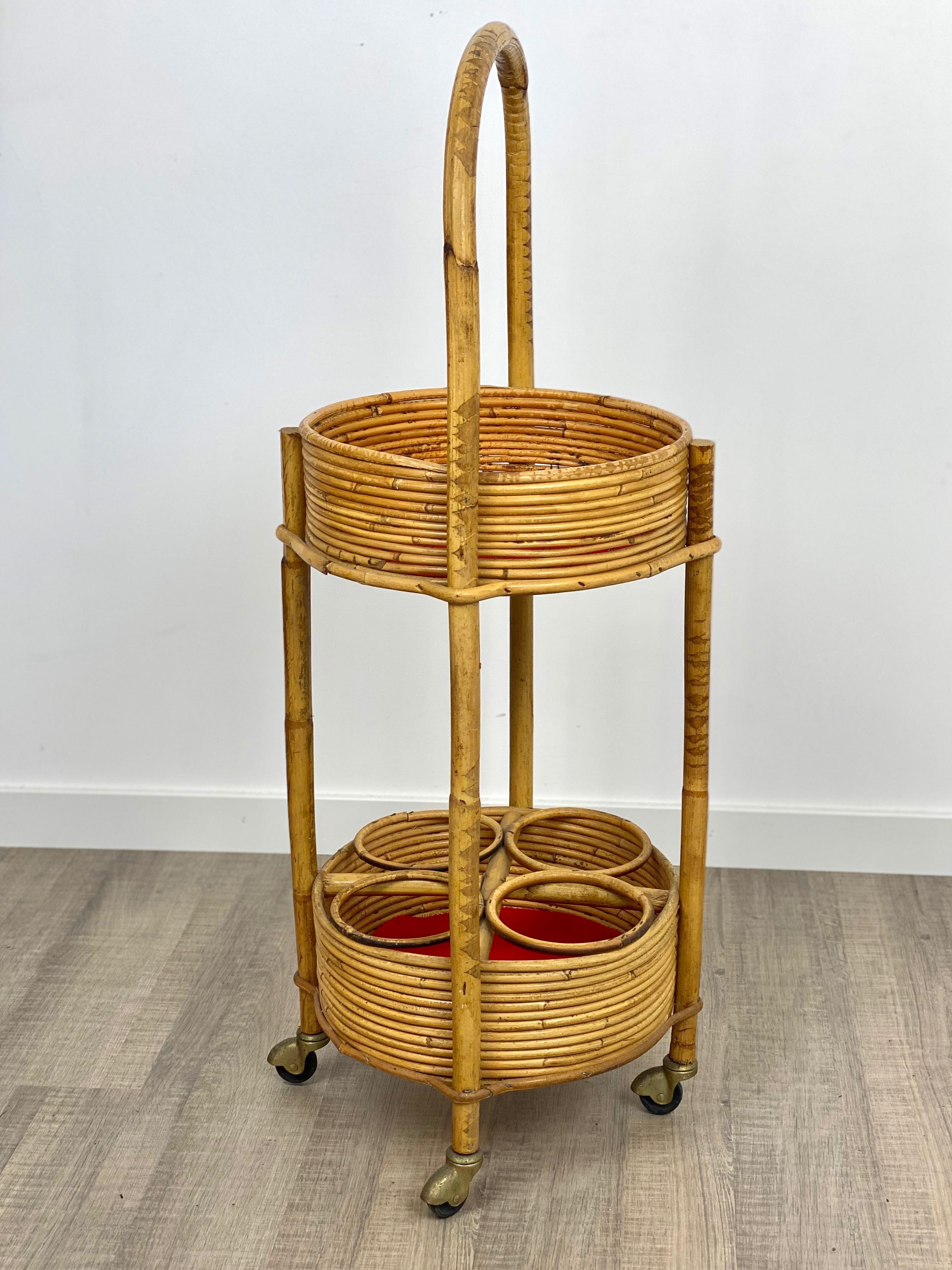 Bamboo and Rattan Round Service Side Bar Cart, Italy, 1960s For Sale 2