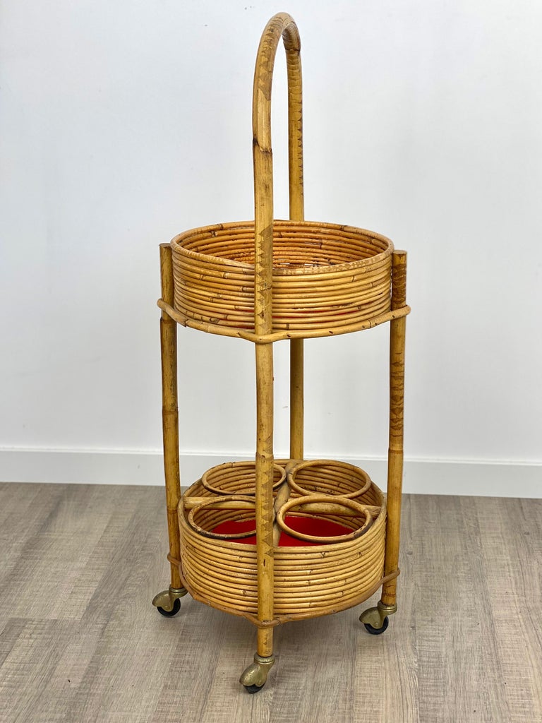 Bamboo and Rattan Round Service Side Bar Cart, Italy, 1960s For Sale at