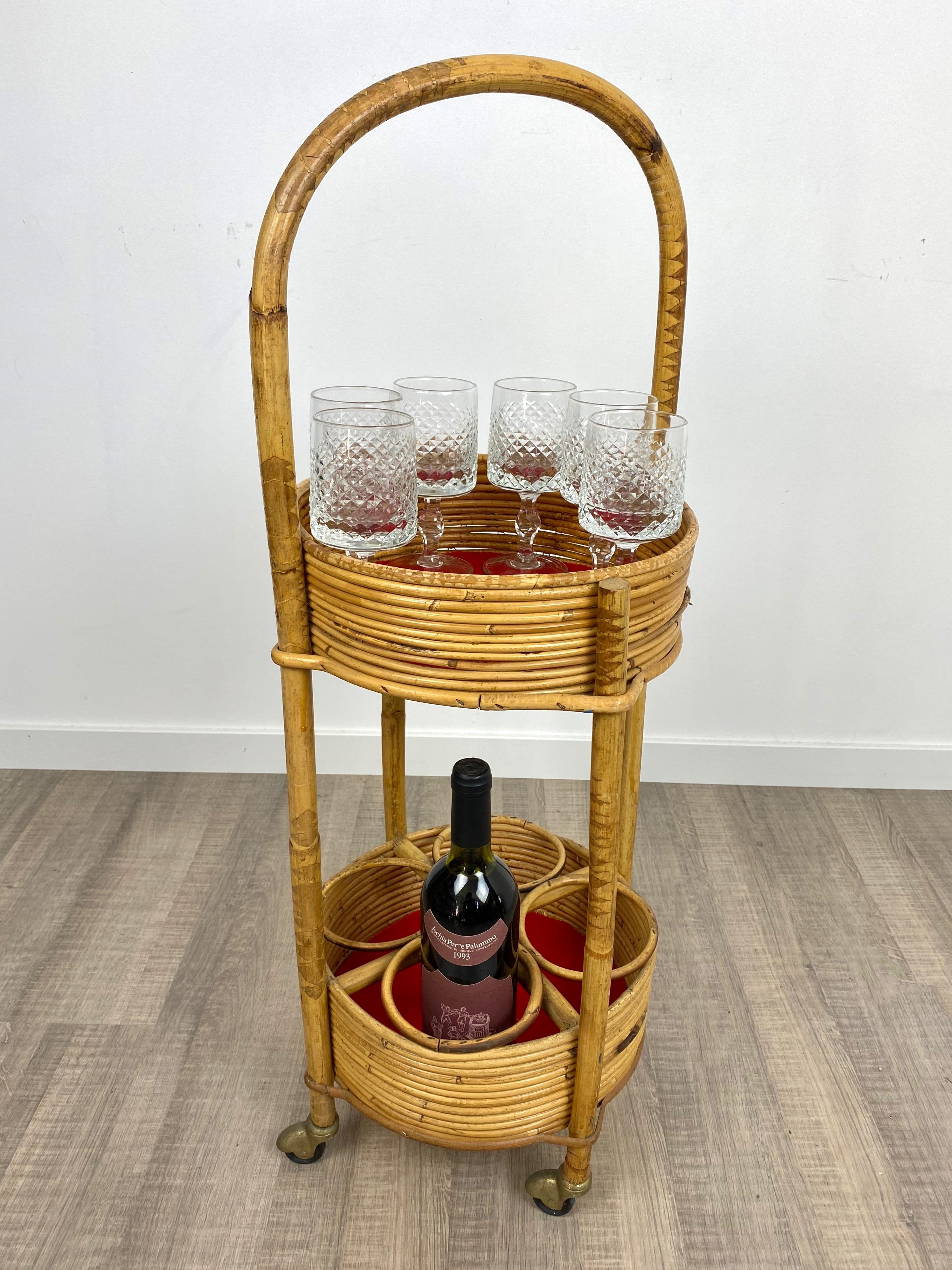 Bamboo and Rattan Round Service Side Bar Cart, Italy, 1960s For Sale 4