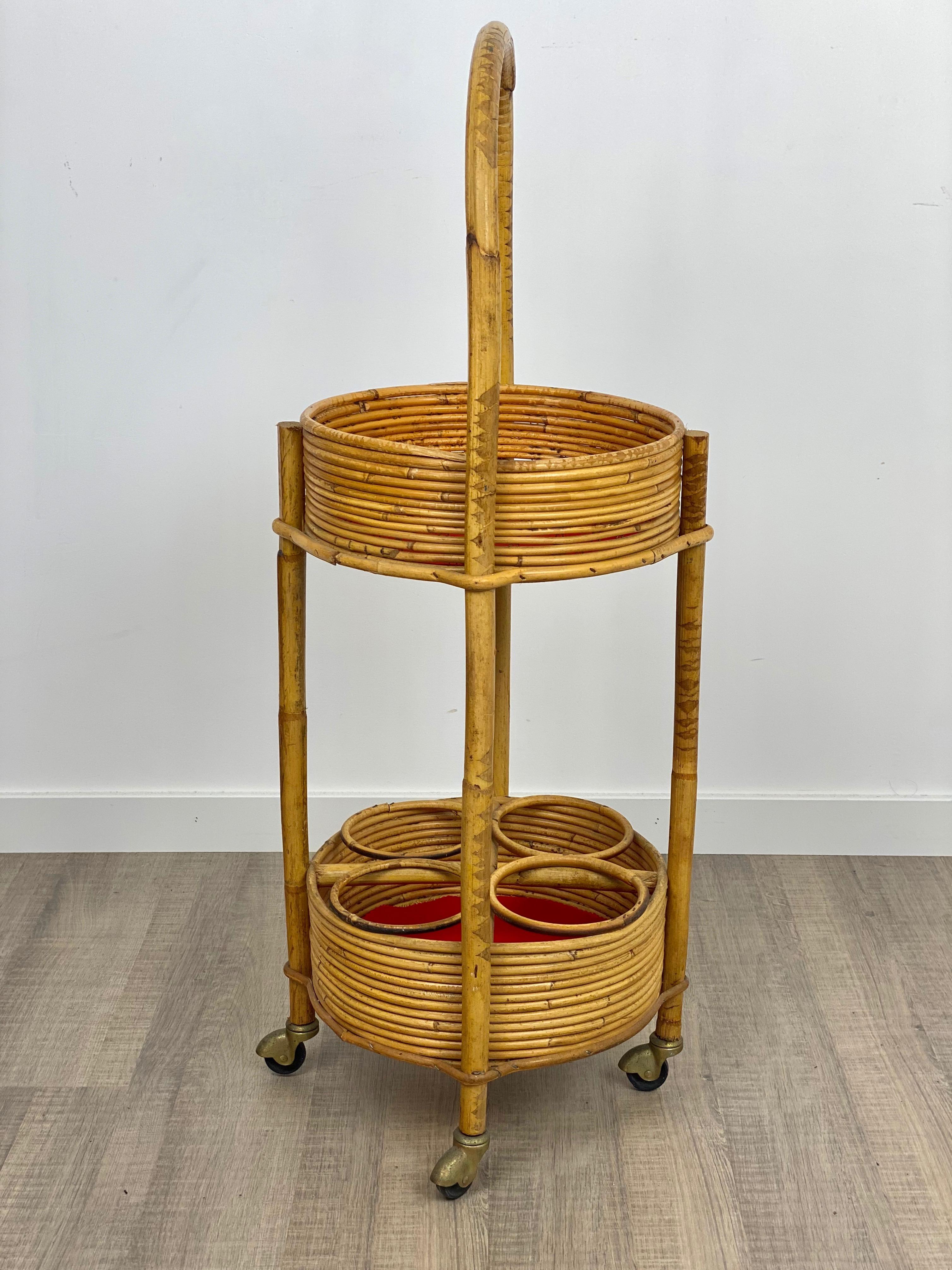 Bamboo and Rattan Round Service Side Bar Cart, Italy, 1960s For Sale 4