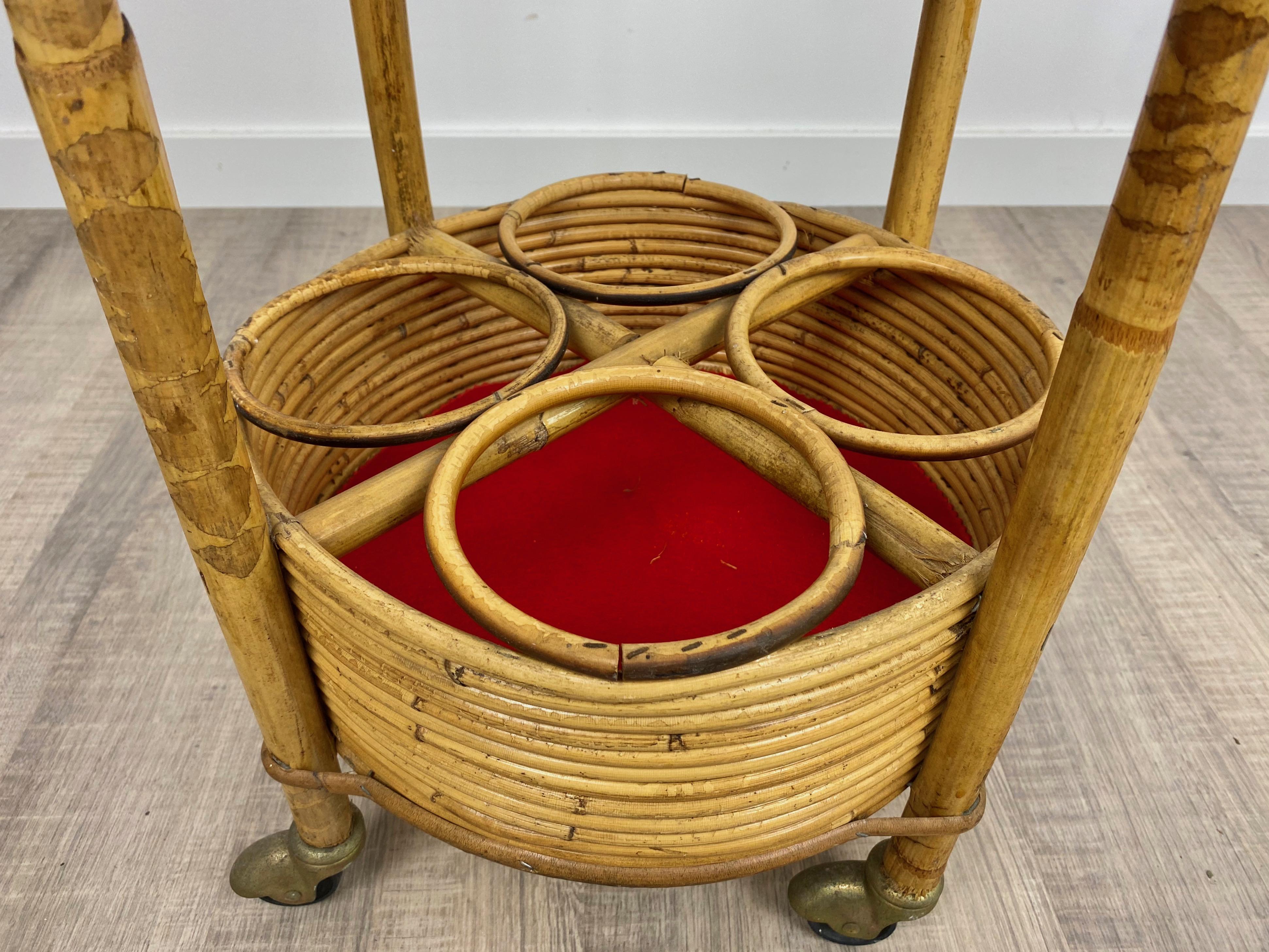 Bamboo and Rattan Round Service Side Bar Cart, Italy, 1960s For Sale 6