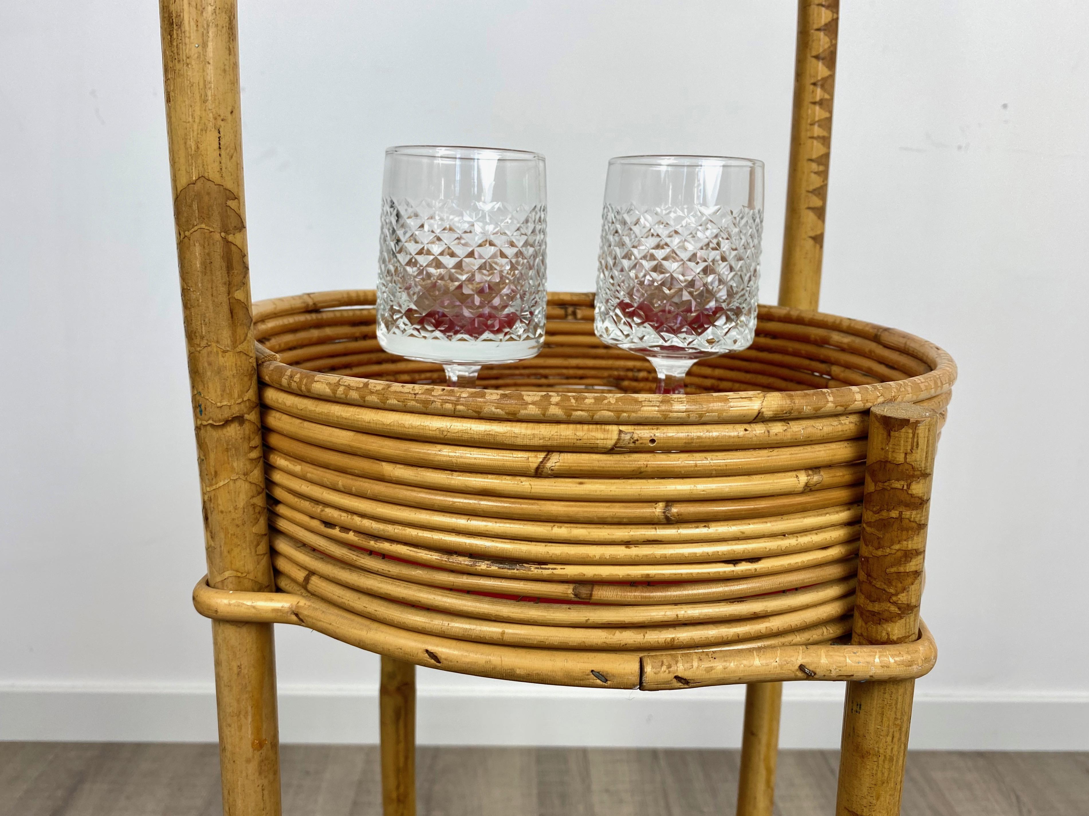 Bamboo and Rattan Round Service Side Bar Cart, Italy, 1960s For Sale 7