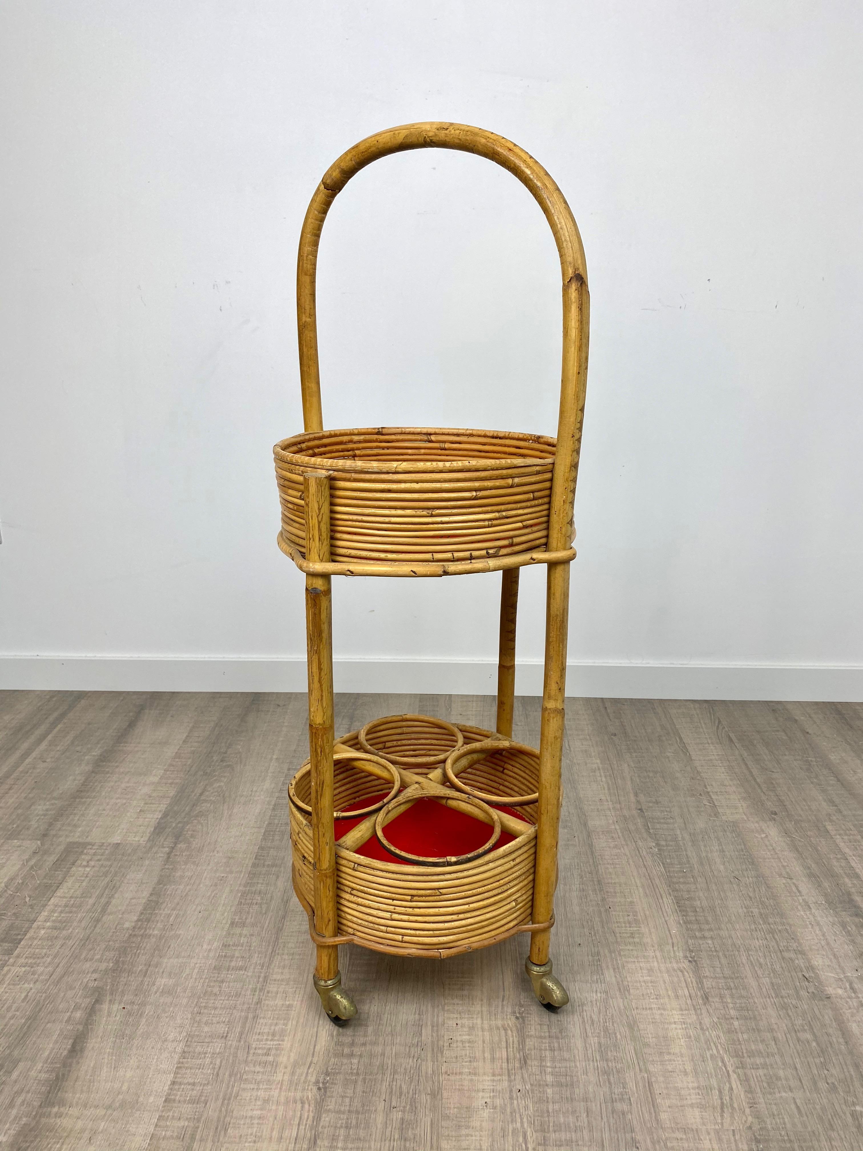 Mid-Century Modern Bamboo and Rattan Round Service Side Bar Cart, Italy, 1960s For Sale