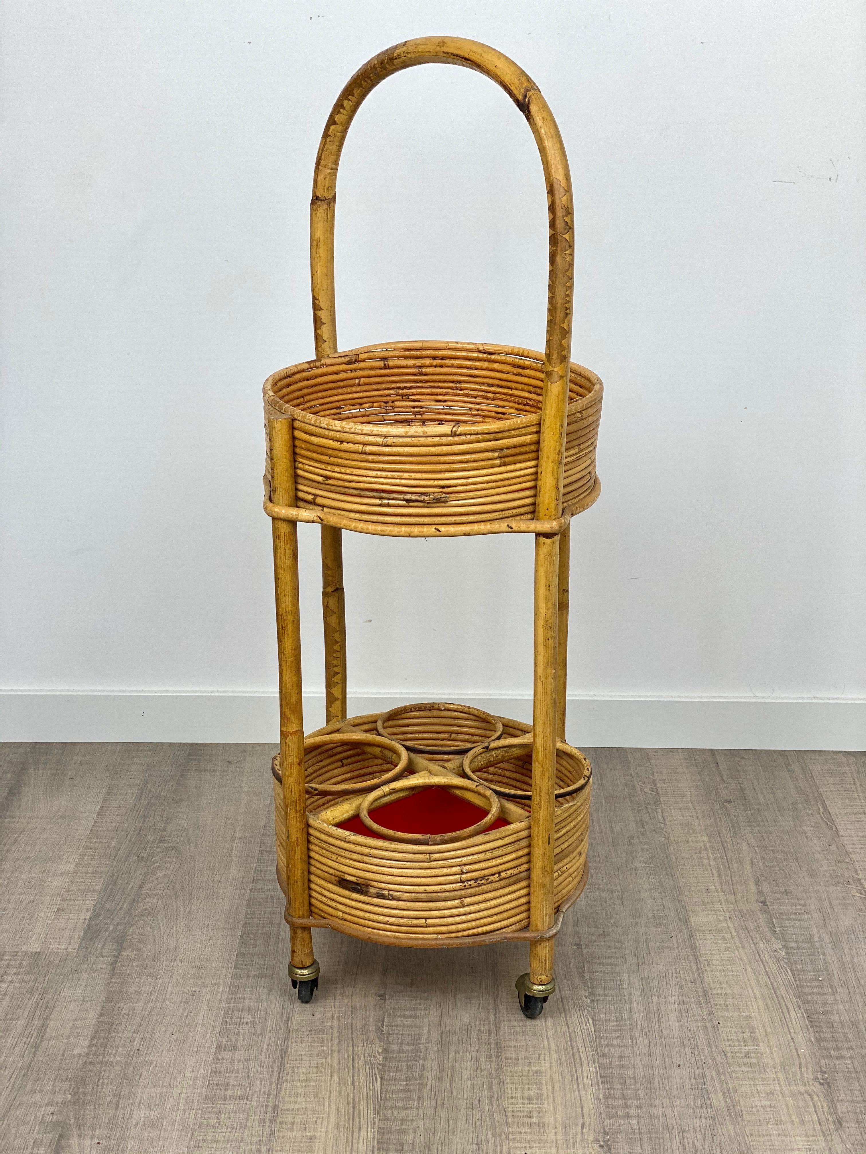 Mid-Century Modern Bamboo and Rattan Round Service Side Bar Cart, Italy, 1960s For Sale