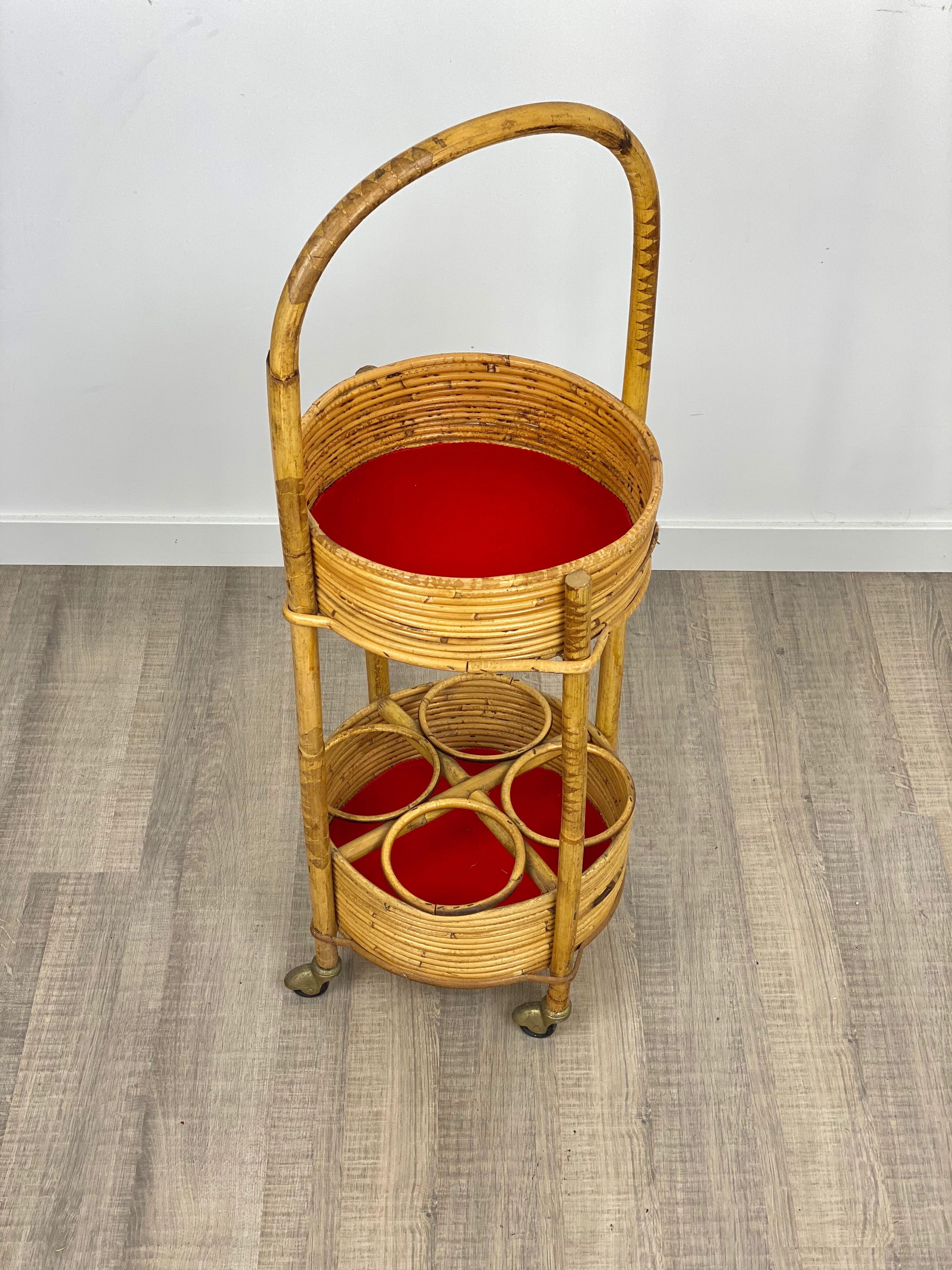 Italian Bamboo and Rattan Round Service Side Bar Cart, Italy, 1960s For Sale
