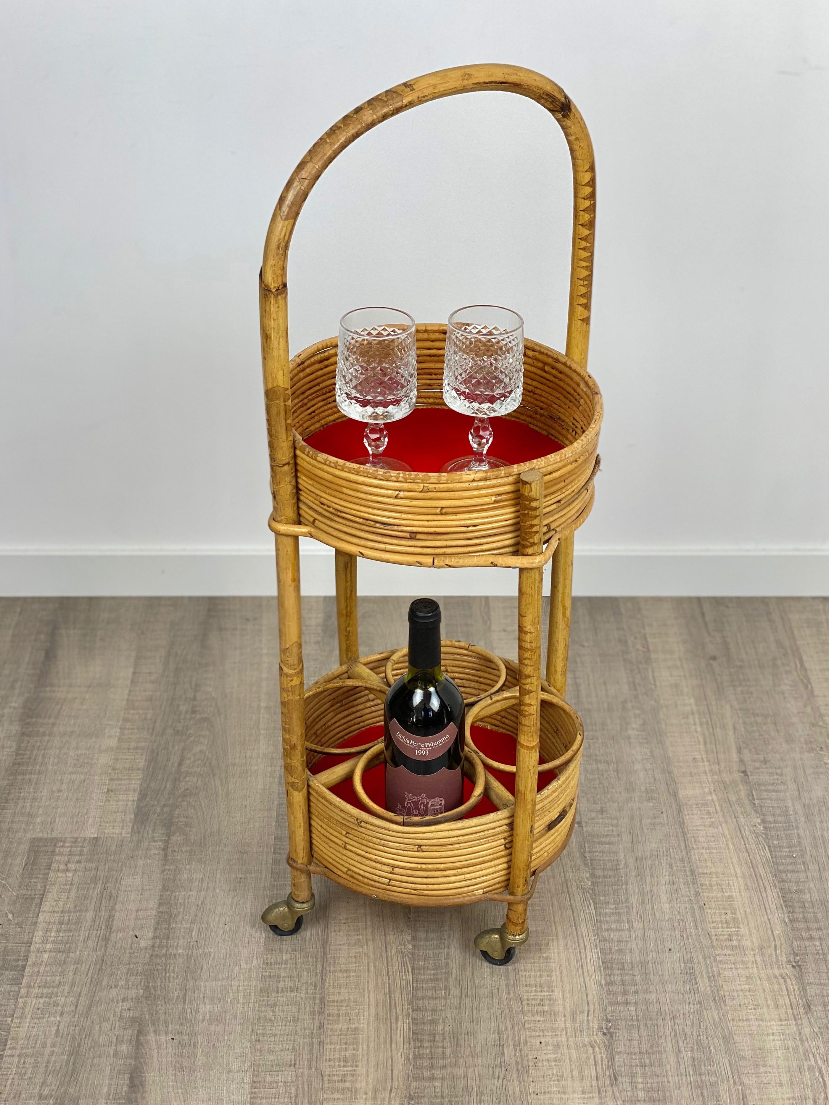 Mid-20th Century Bamboo and Rattan Round Service Side Bar Cart, Italy, 1960s For Sale