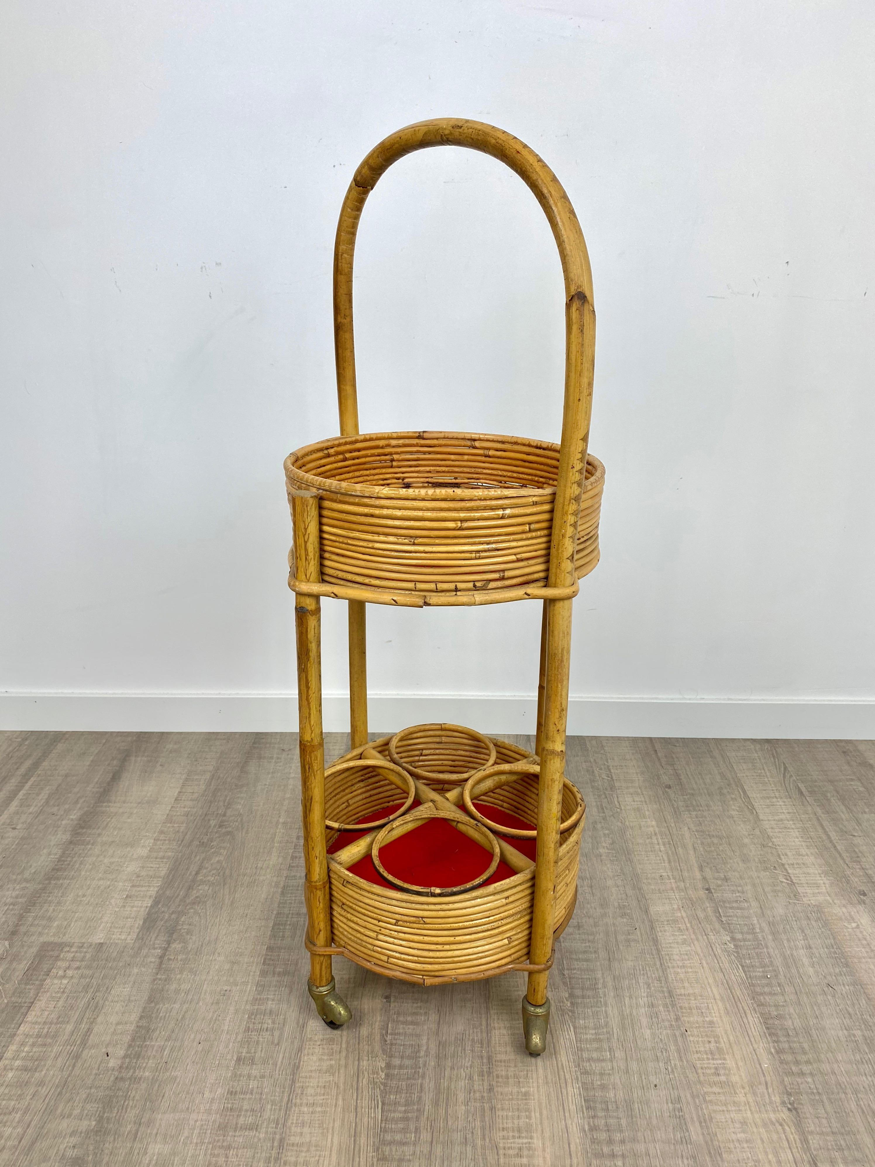 Runder Beistellwagen aus Bambus und Rattan:: Italien:: 1960er Jahre im Angebot 2