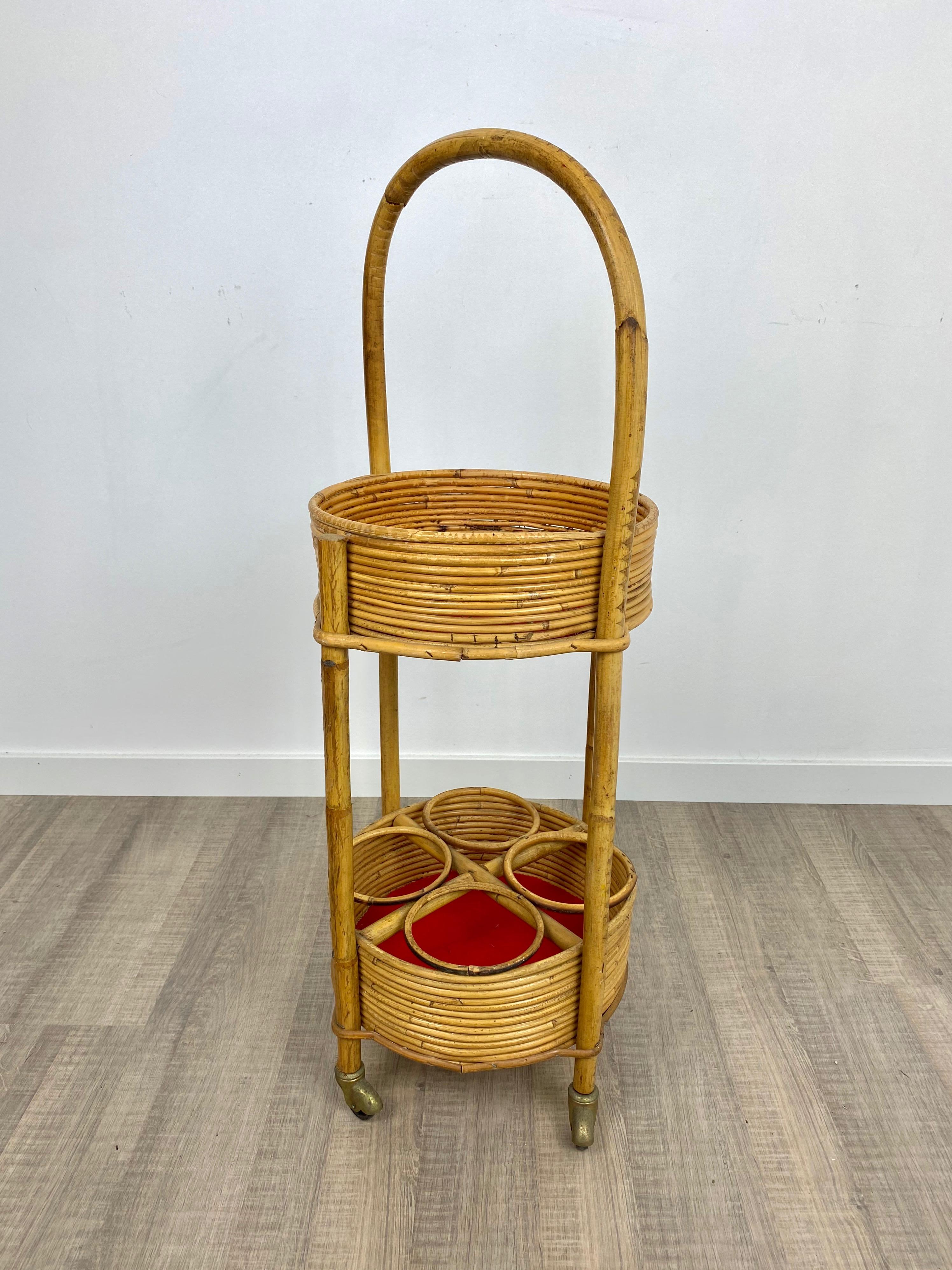 Wicker Bamboo and Rattan Round Service Side Bar Cart, Italy, 1960s For Sale