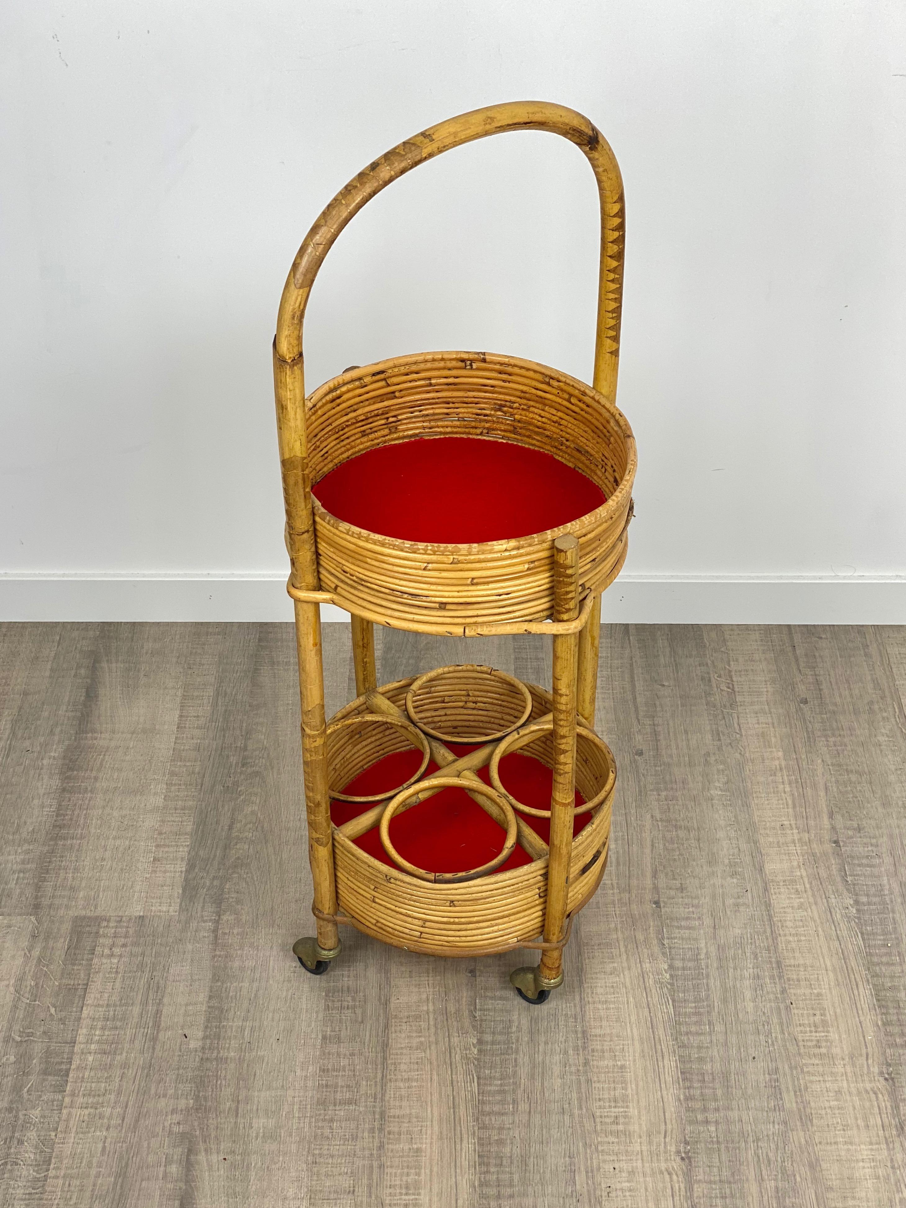 Runder Beistellwagen aus Bambus und Rattan:: Italien:: 1960er Jahre im Angebot 3