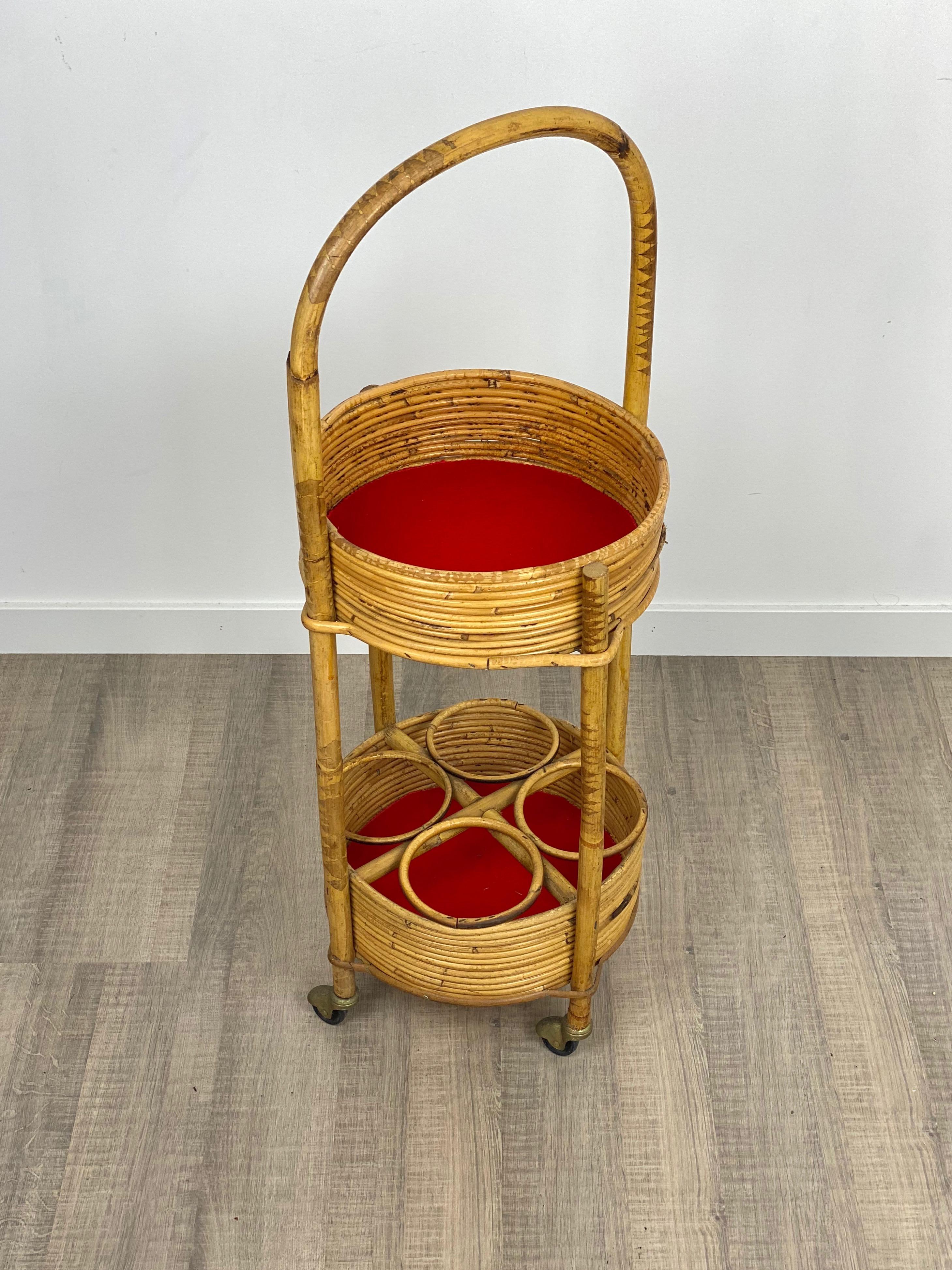 Bamboo and Rattan Round Service Side Bar Cart, Italy, 1960s For Sale 1