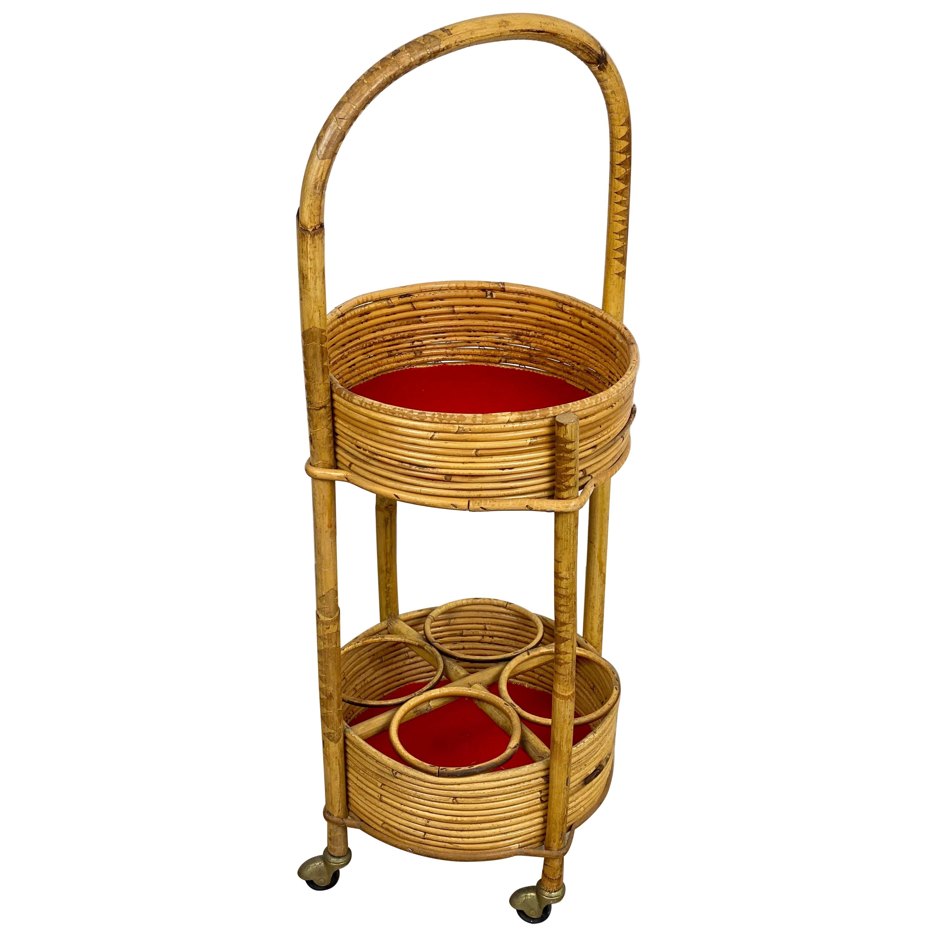 Bamboo and Rattan Round Service Side Bar Cart, Italy, 1960s For Sale