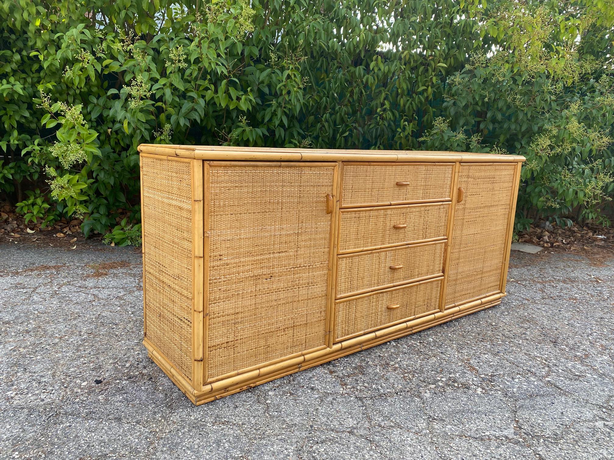 Mid-Century Modern Bamboo and Rattan Sideboard, Italy 70s For Sale