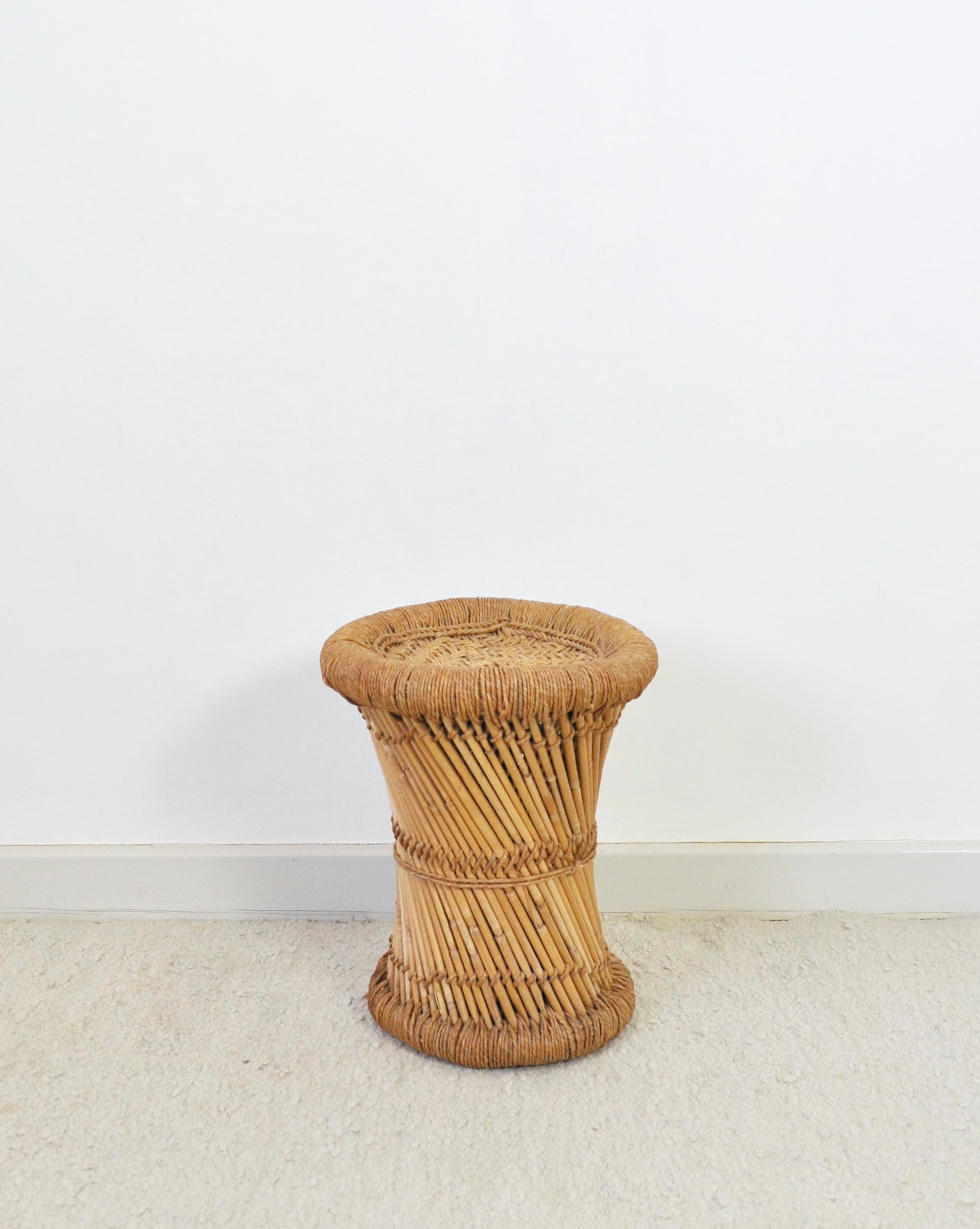 Bamboo and rattan stool or side table, 20th century, probably made in India. 
It is well made and can support a human being. Many other opportunities to use as a small side table or plant stand e.g.