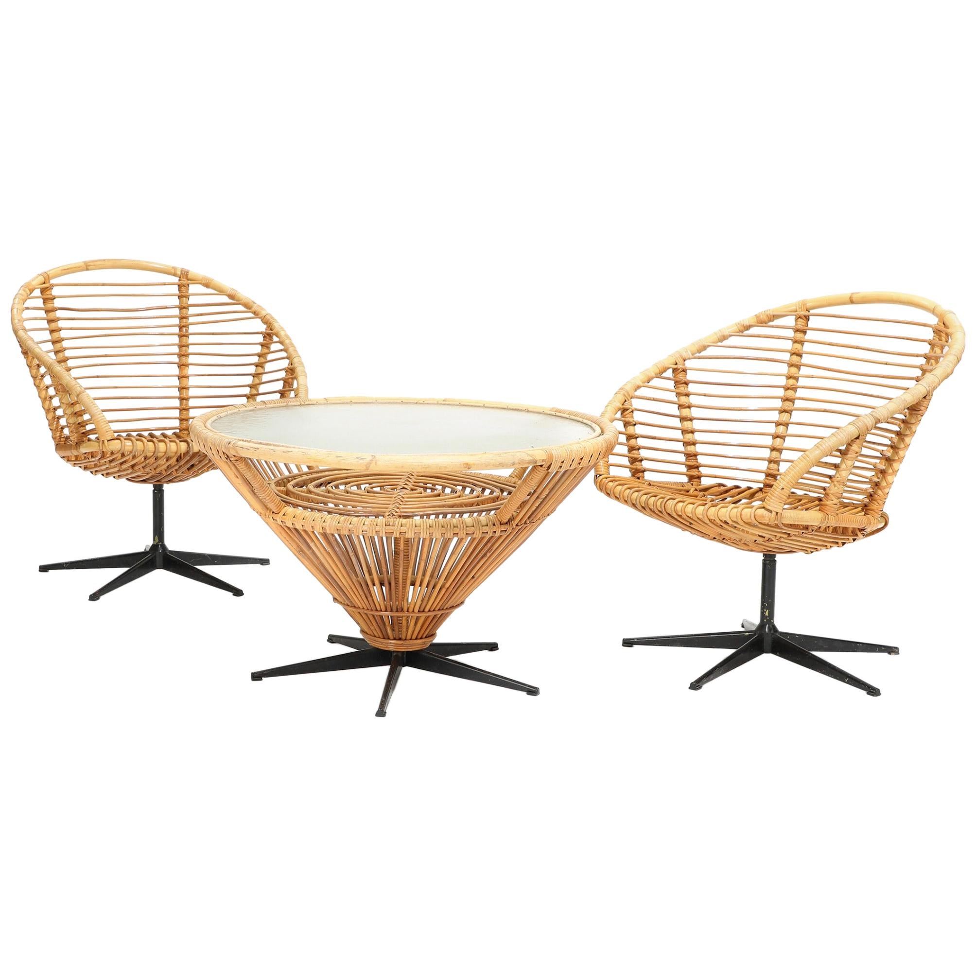 Bamboo and Rattan Swivel Chairs and Coffee Table For Sale