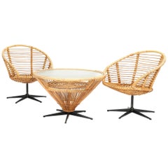 Retro Bamboo and Rattan Swivel Chairs and Coffee Table