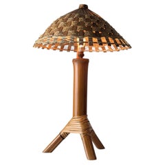 Bamboo and Rattan Table Lamp with Woven Shade, 1950s